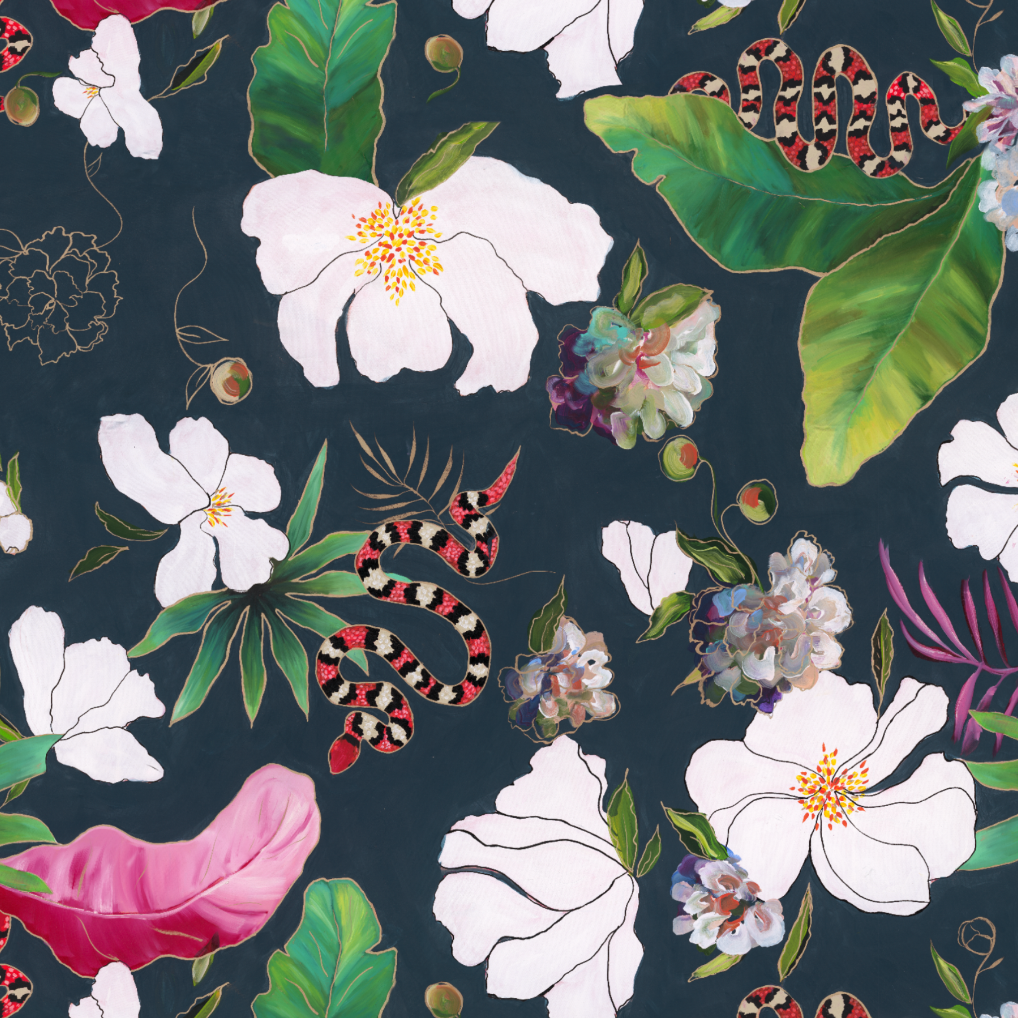 "Wall Blush's Imogen Wallpaper featuring floral pattern in a stylish bedroom, accentuating dark elegance and nature-inspired design."