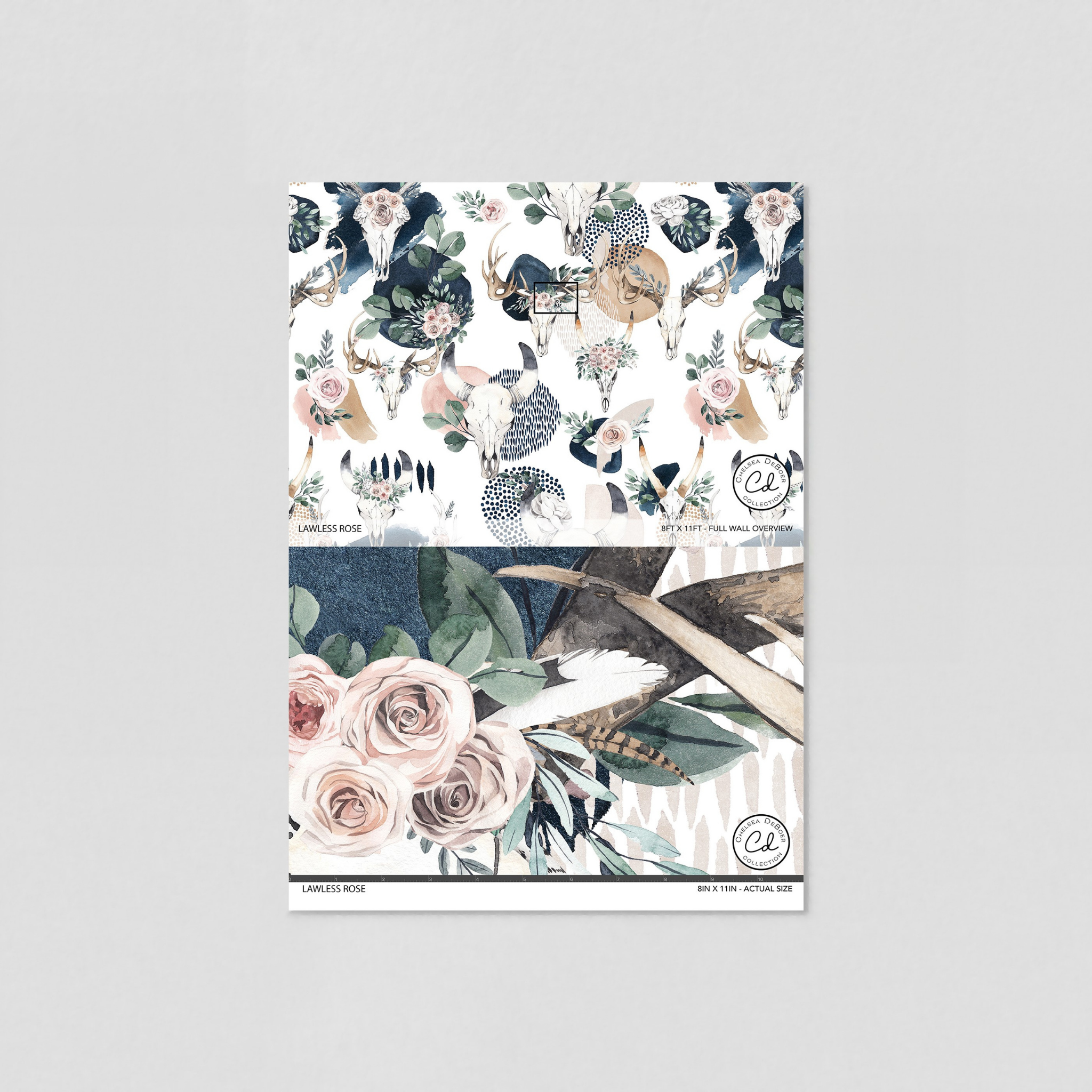 "Wall Blush's Lawless Rose Wallpaper showcased in a clean, modern room setting, with floral and fauna patterns."