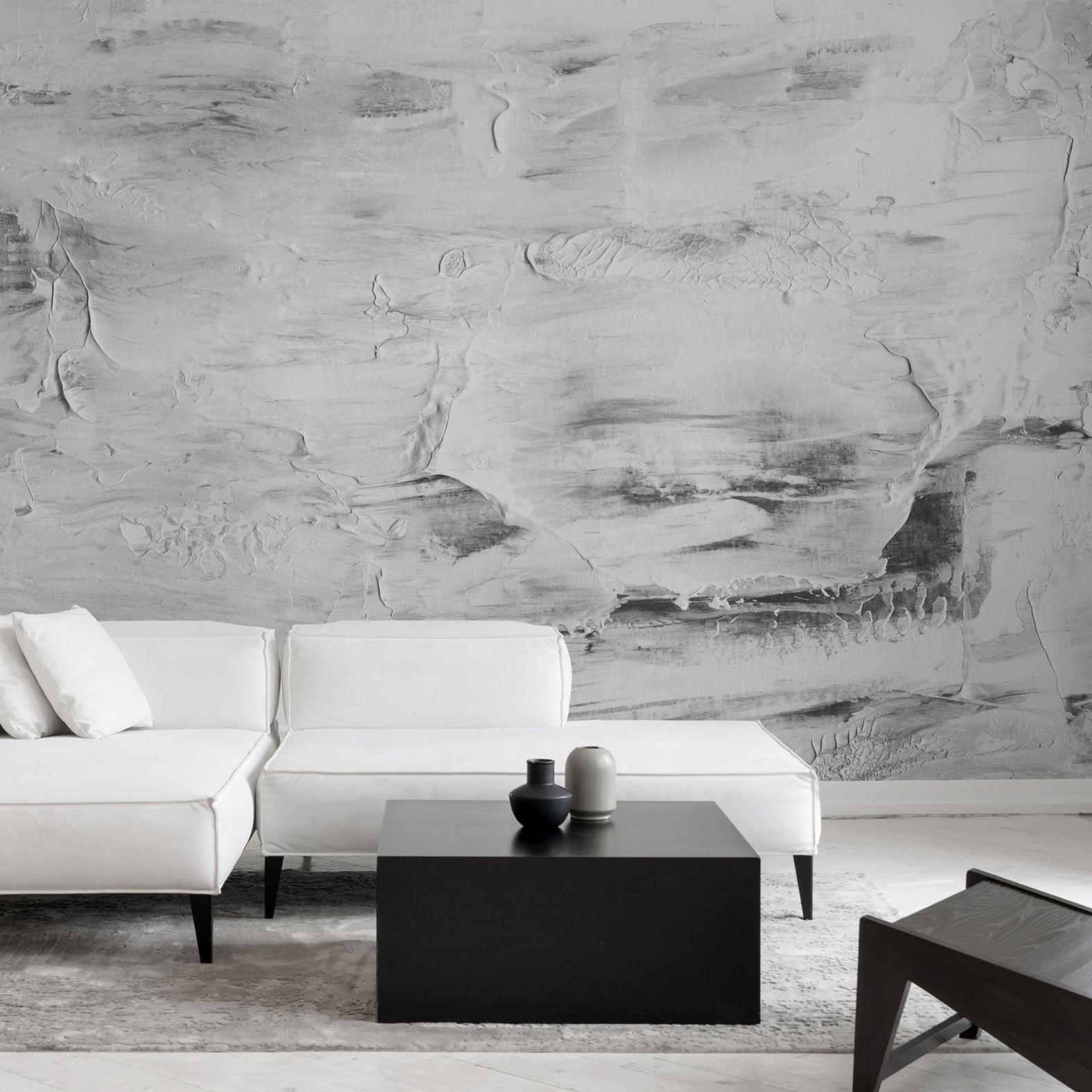 Modern living room featuring Paint It Black Wallpaper by The A&S Line, contemporary chic wall decor focus.
