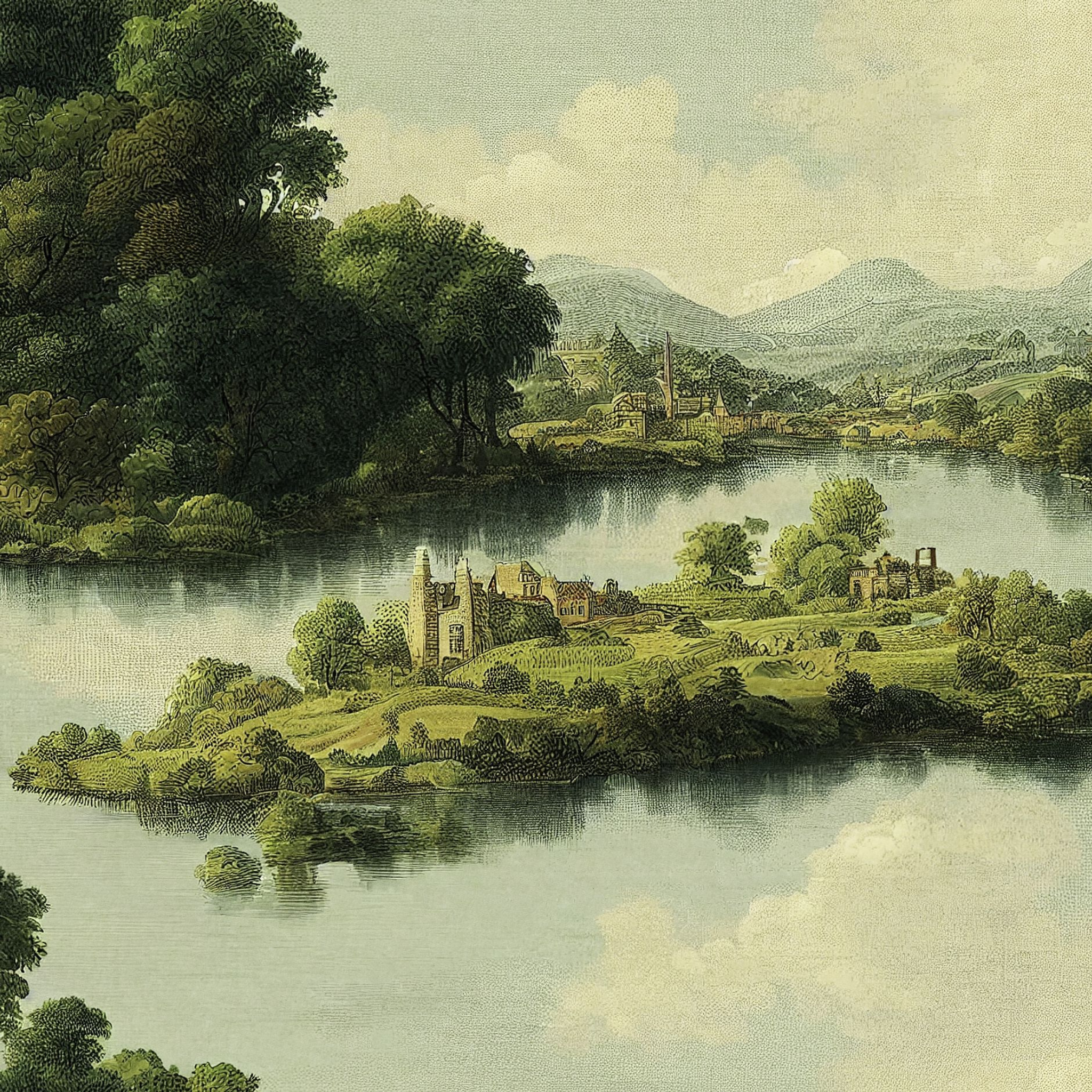 "Piedmont Wallpaper by Wall Blush featuring pastoral scenery in a cozy living room setting, enhancing wall focus."