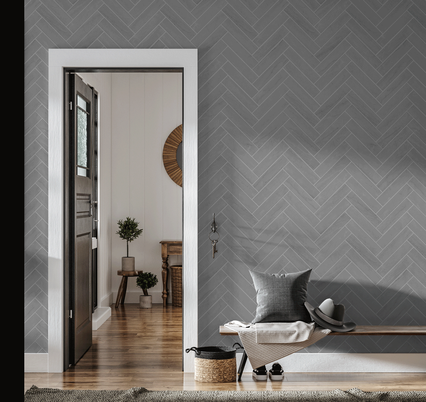 See You Slater Wallpaper from The Kail Lowry Line in a stylish, modern entryway, with a focus on the elegant herringbone pattern.
