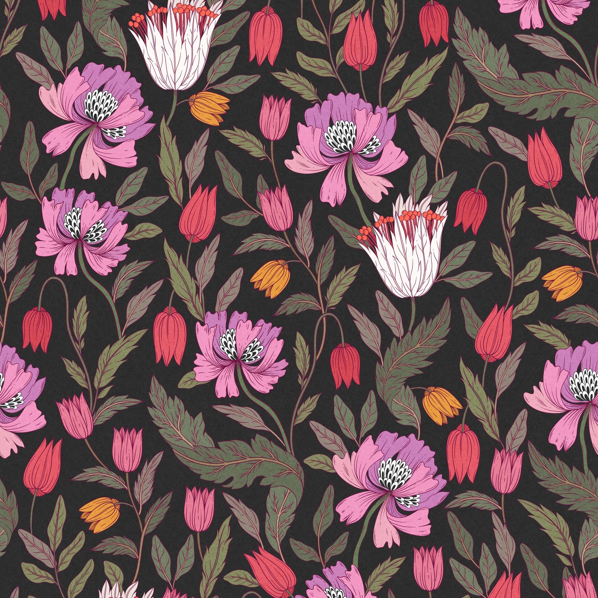 "Wall Blush Ivy Wallpaper in vivid floral pattern adorning a stylish bedroom, showcasing bold design and color."