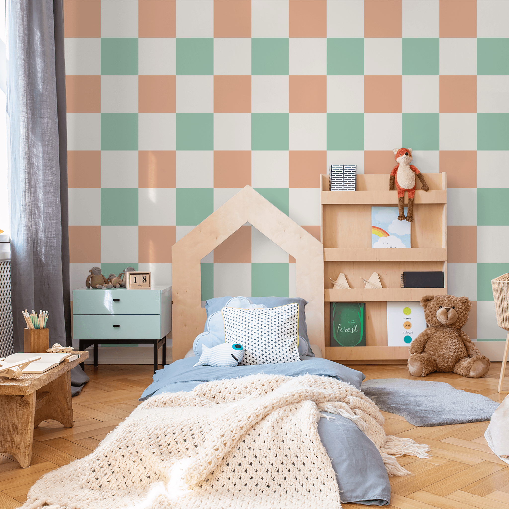 Simply Checker (Peach & Teal) Wallpaper