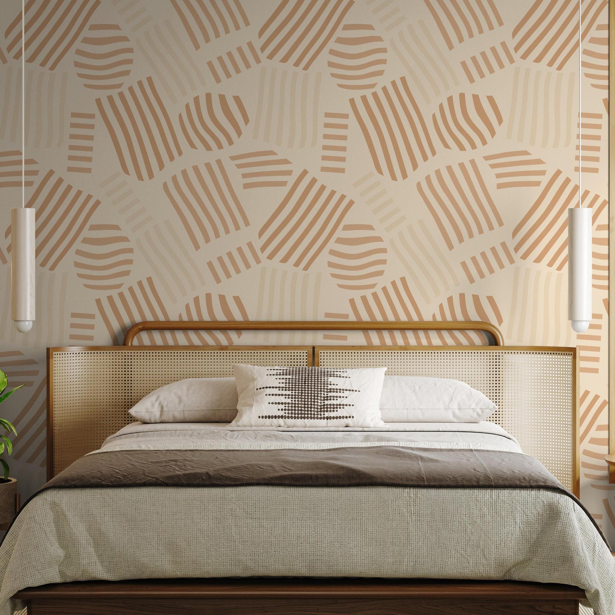 Stylish bedroom featuring Wall Blush SG02's Sugar Sugar Wallpaper with modern abstract design.
