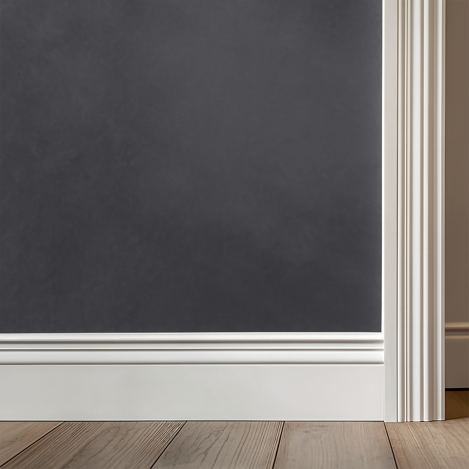 Abstract dark gray wallpaper with white trim and wooden floor