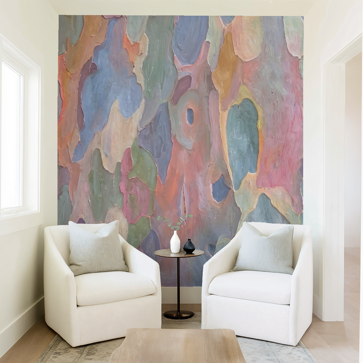 Abstract pastel wallpaper with flowing forms in a modern living room setting.