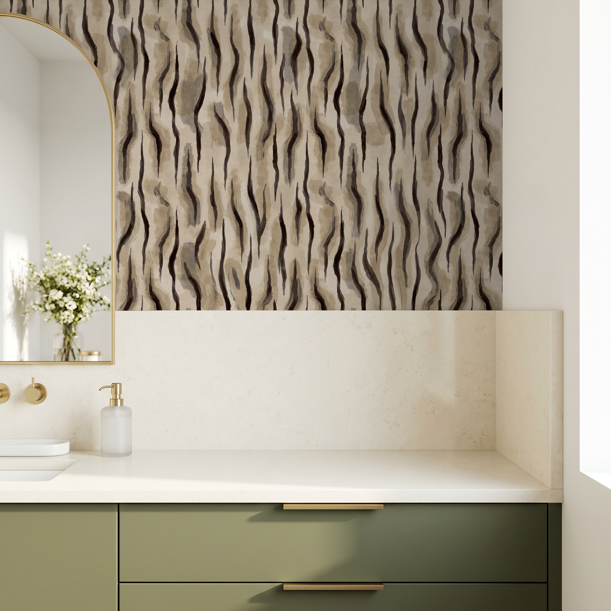 Abstract wavy taupe and charcoal wallpaper in modern bathroom setting.