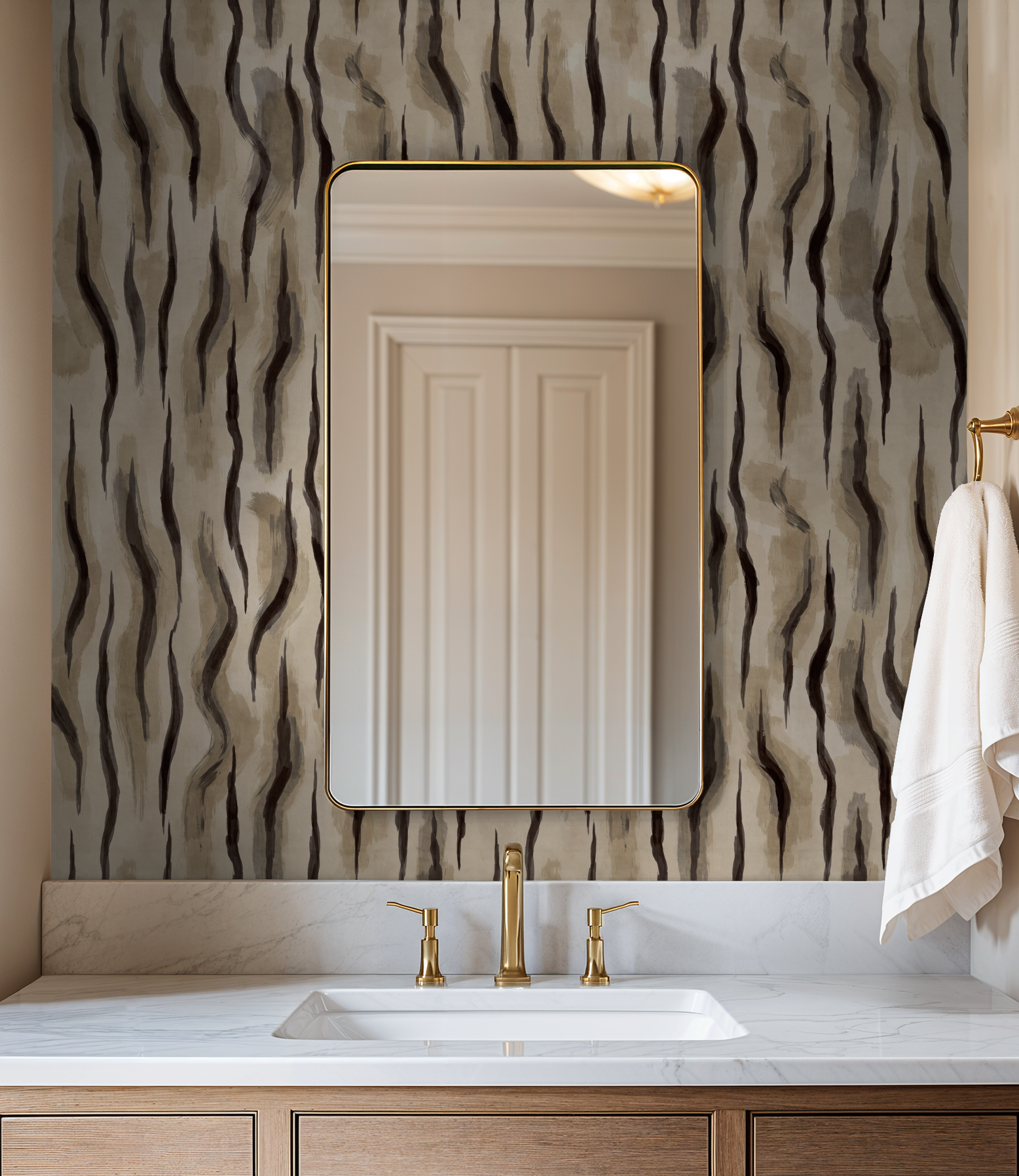 Abstract wavy wallpaper with earthy taupes and charcoal in bathroom setting.