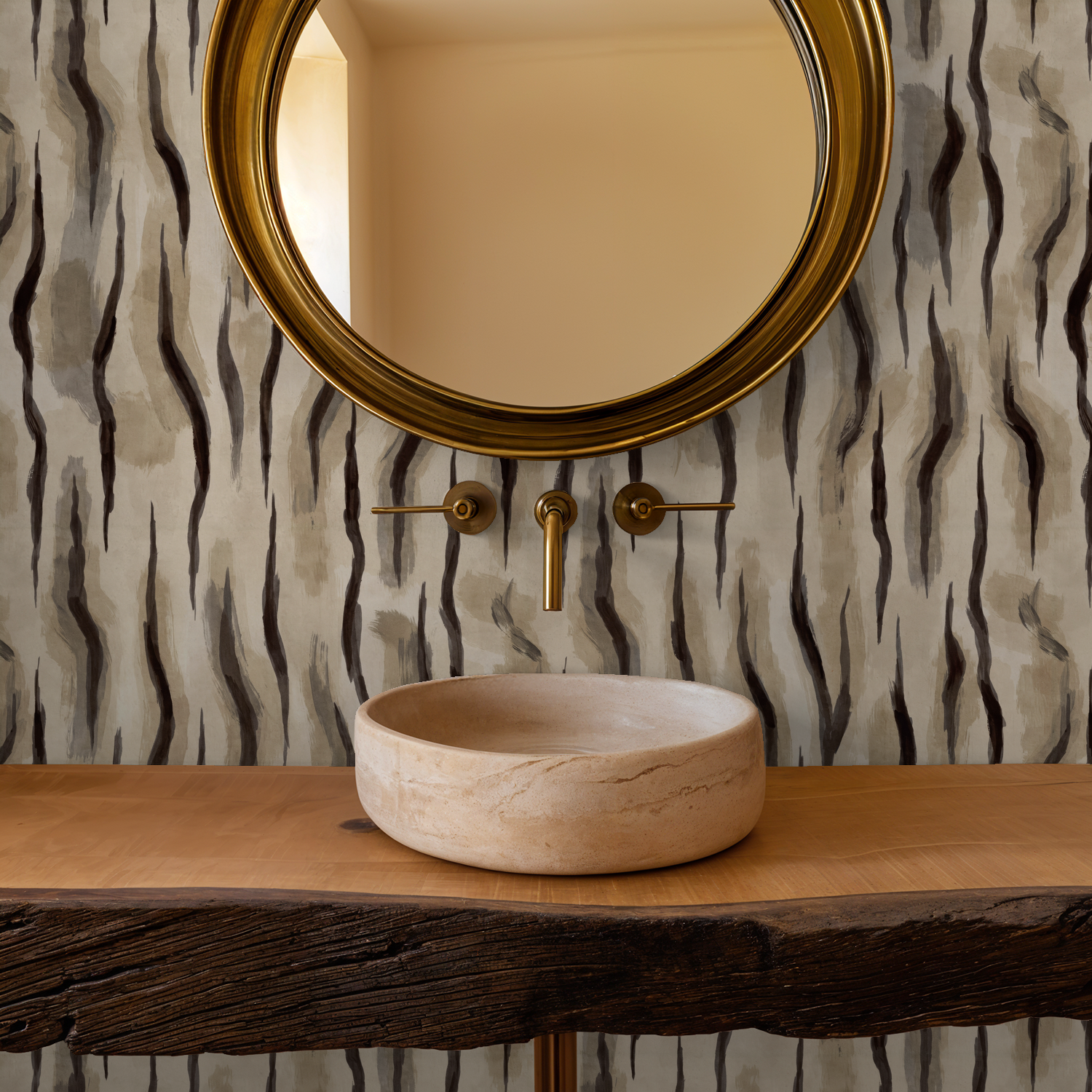 Abstract wavy wallpaper in earthy taupes and charcoal in a rustic bathroom setting.