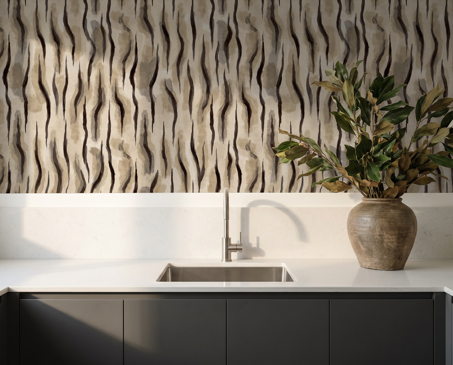 Abstract wavy wallpaper in taupe and charcoal in modern kitchen setting