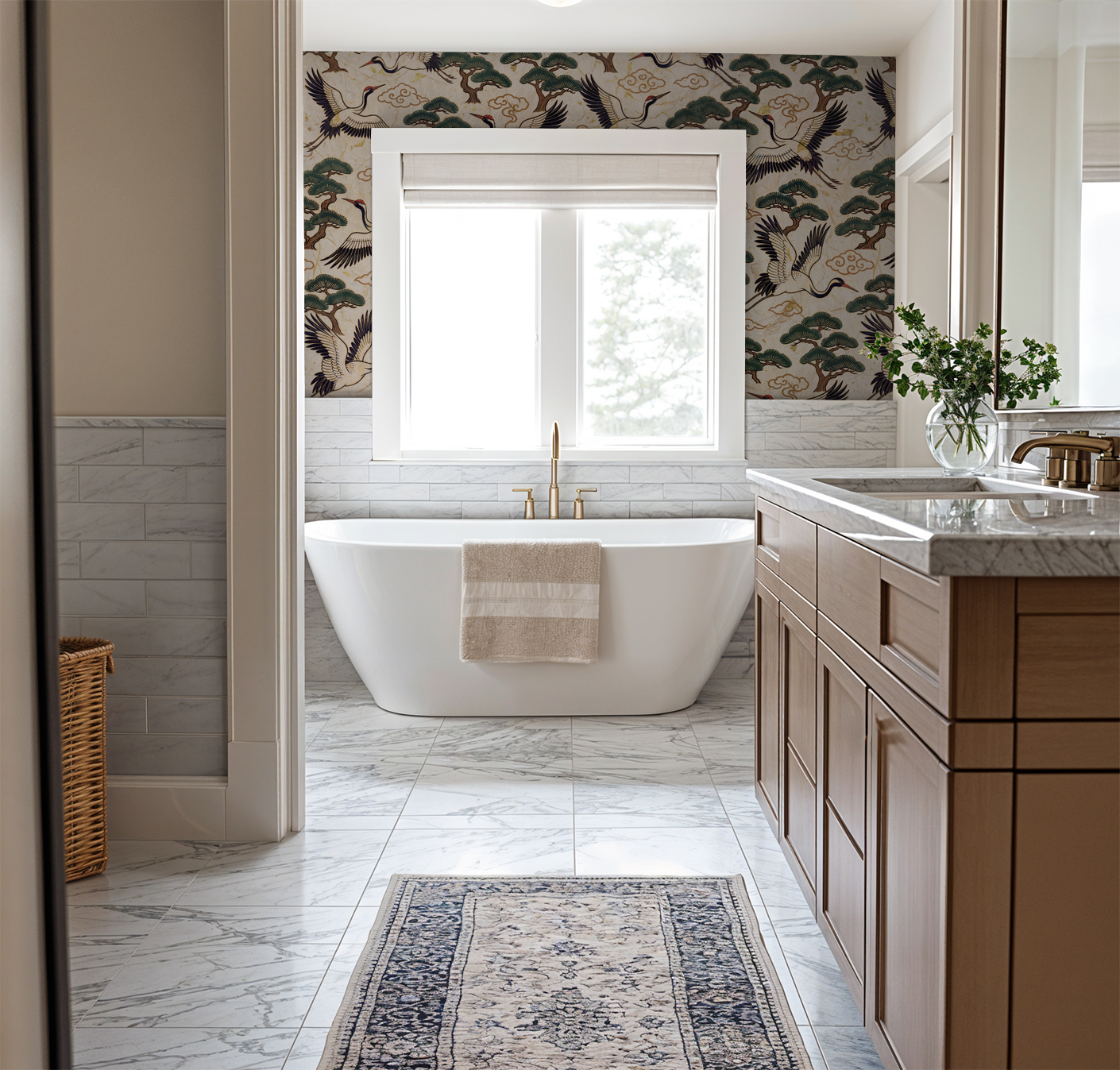 Elegant bathroom with Akori crane and pine tree wallpaper, white tub, and marble floor.