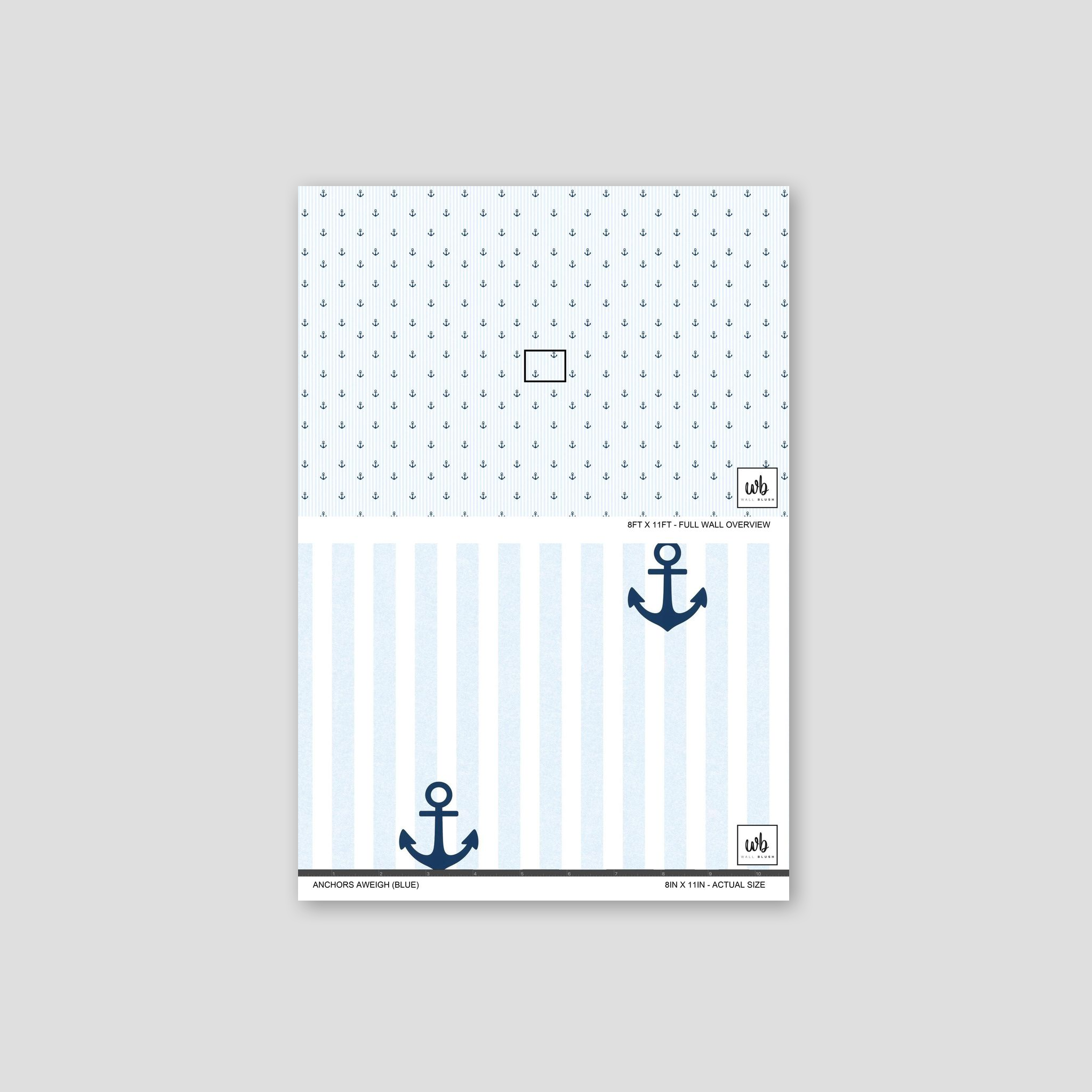 Blue striped wallpaper with navy anchors, nautical theme, sample view.