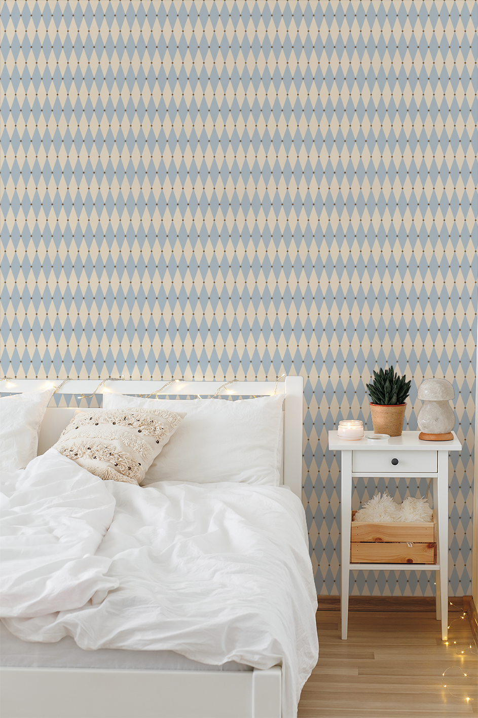 Aqua and cream argyle geometric wallpaper in cozy bedroom setting.