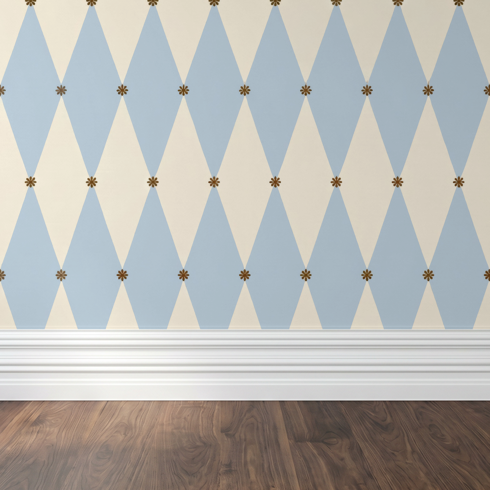 Aqua and cream argyle geometric wallpaper in modern room with wood floor.