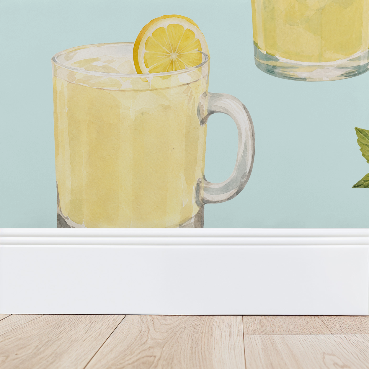 Aqua wallpaper with whimsical cocktail illustrations and lemon slice.