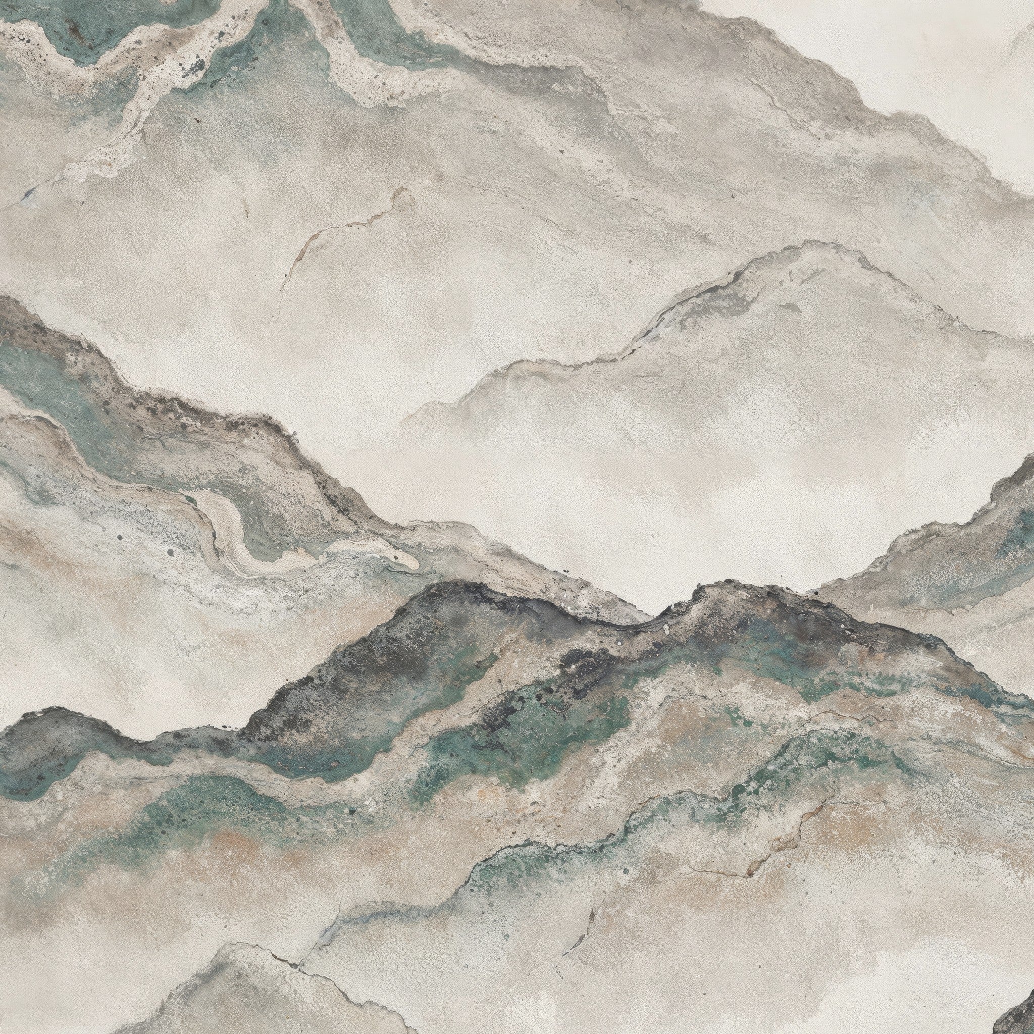 Aurith wallpaper with abstract mountain waves in earth tones and soft greens.