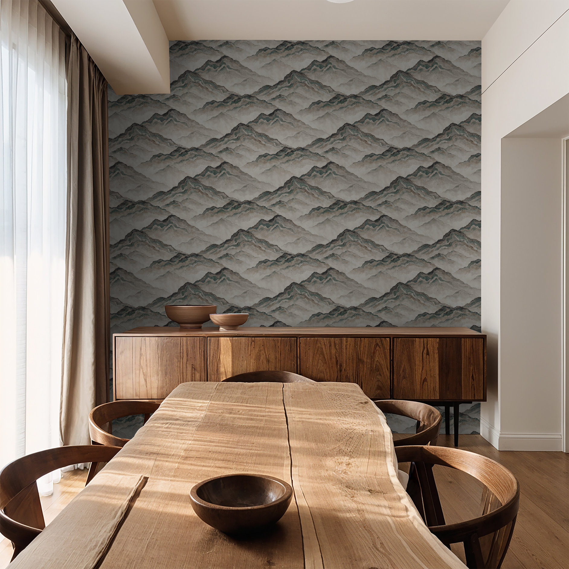 Aurith mountain wallpaper in earth tones in a rustic dining room with wooden furniture.
