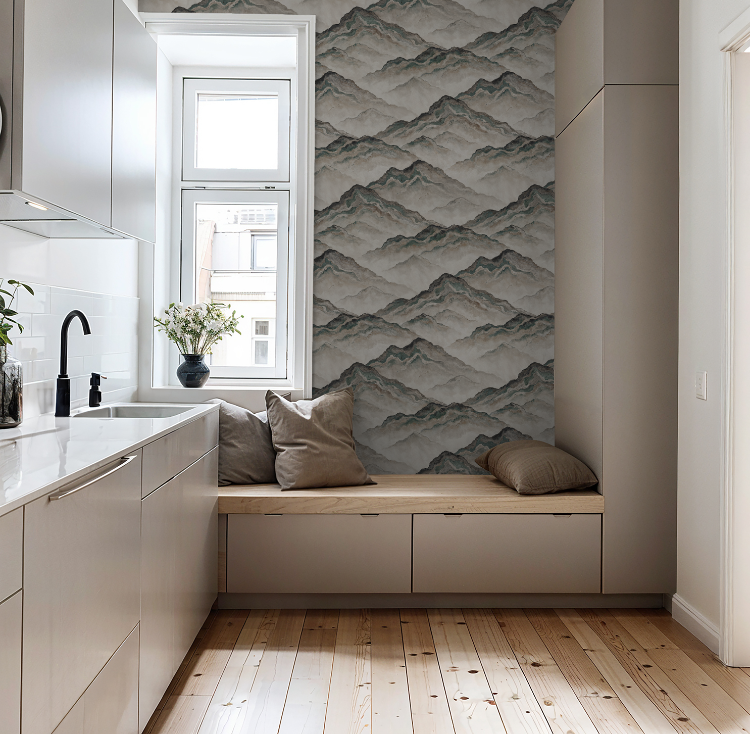 Aurith mountain wave wallpaper in earth tones in a modern kitchen with wooden floors.