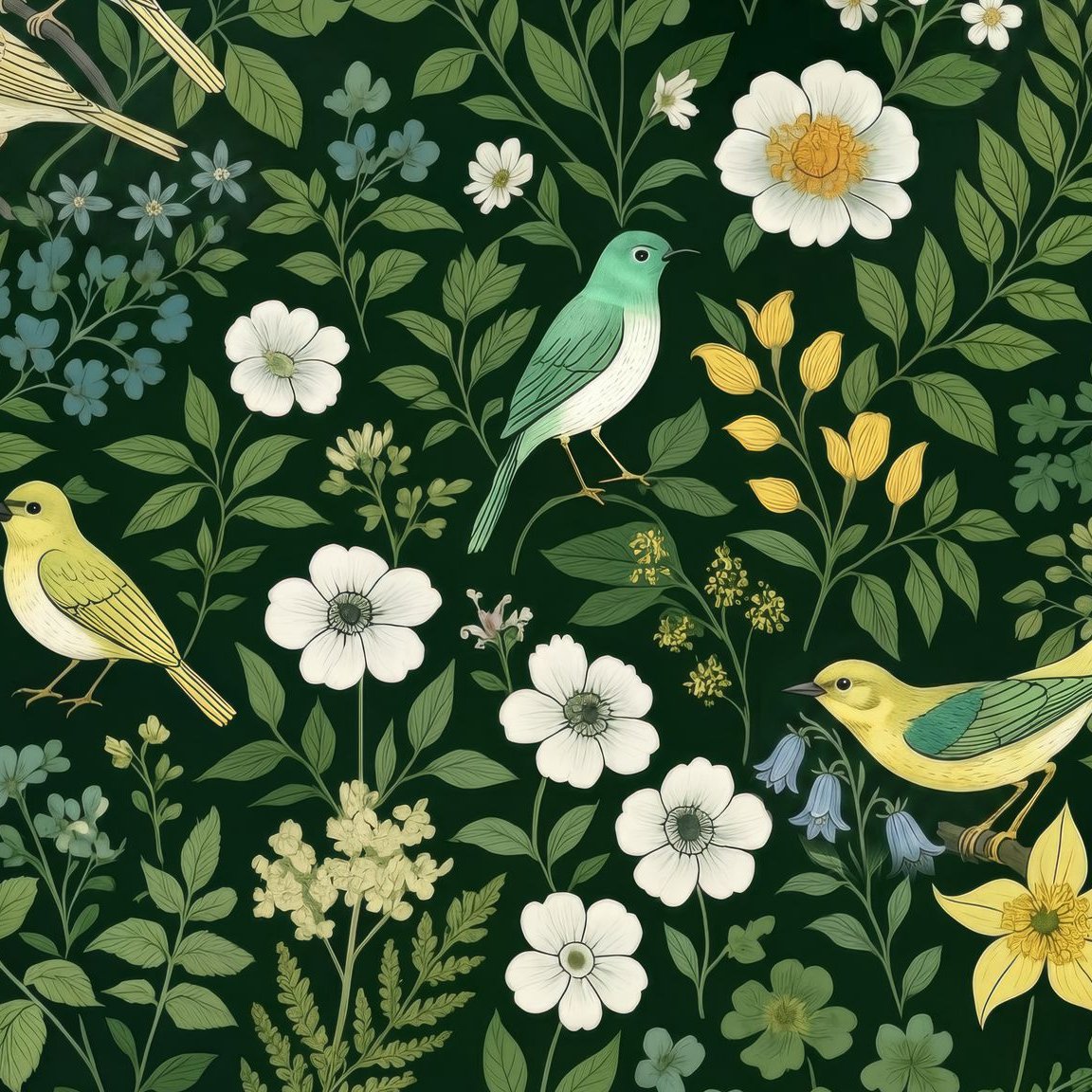 Floral and bird motif wallpaper with green backdrop and colorful details.