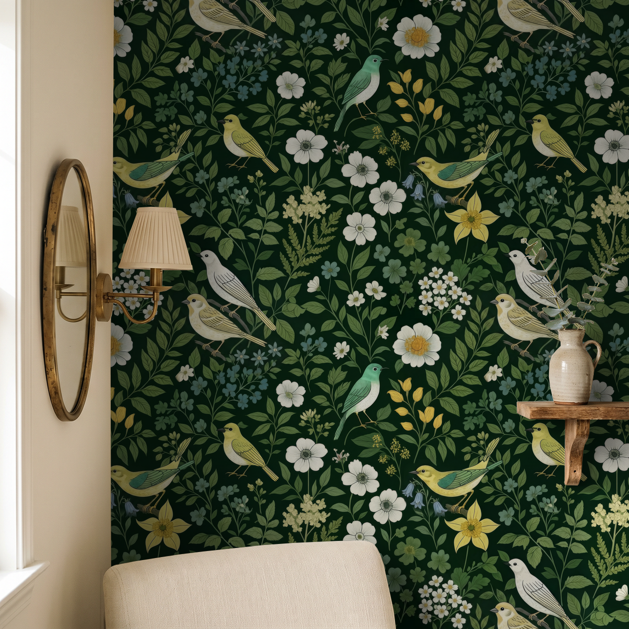 Floral and bird motif wallpaper on forest green in cozy room setting.