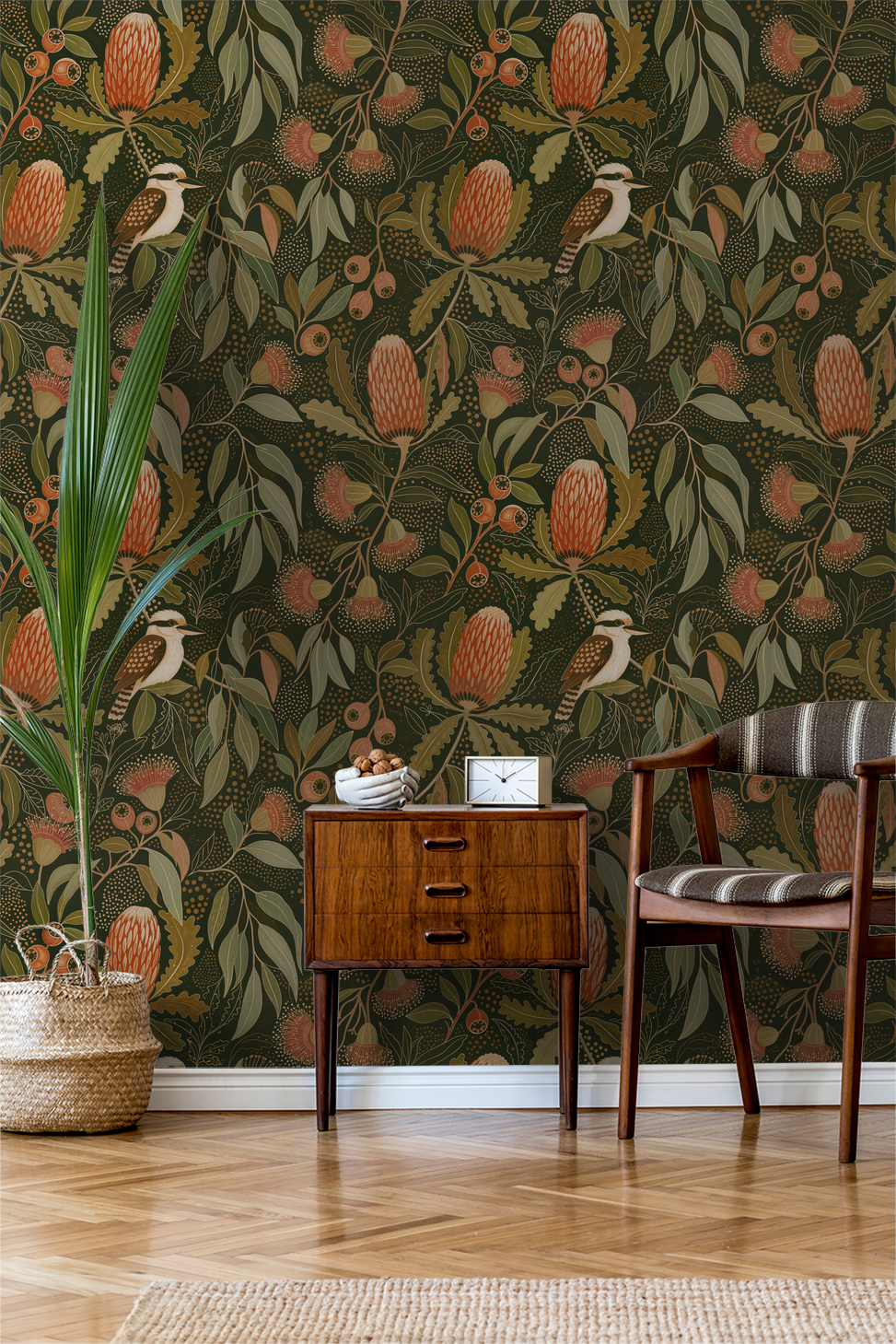 Banksia Down Under wallpaper with eucalyptus leaves and banksia flowers in a cozy living room.