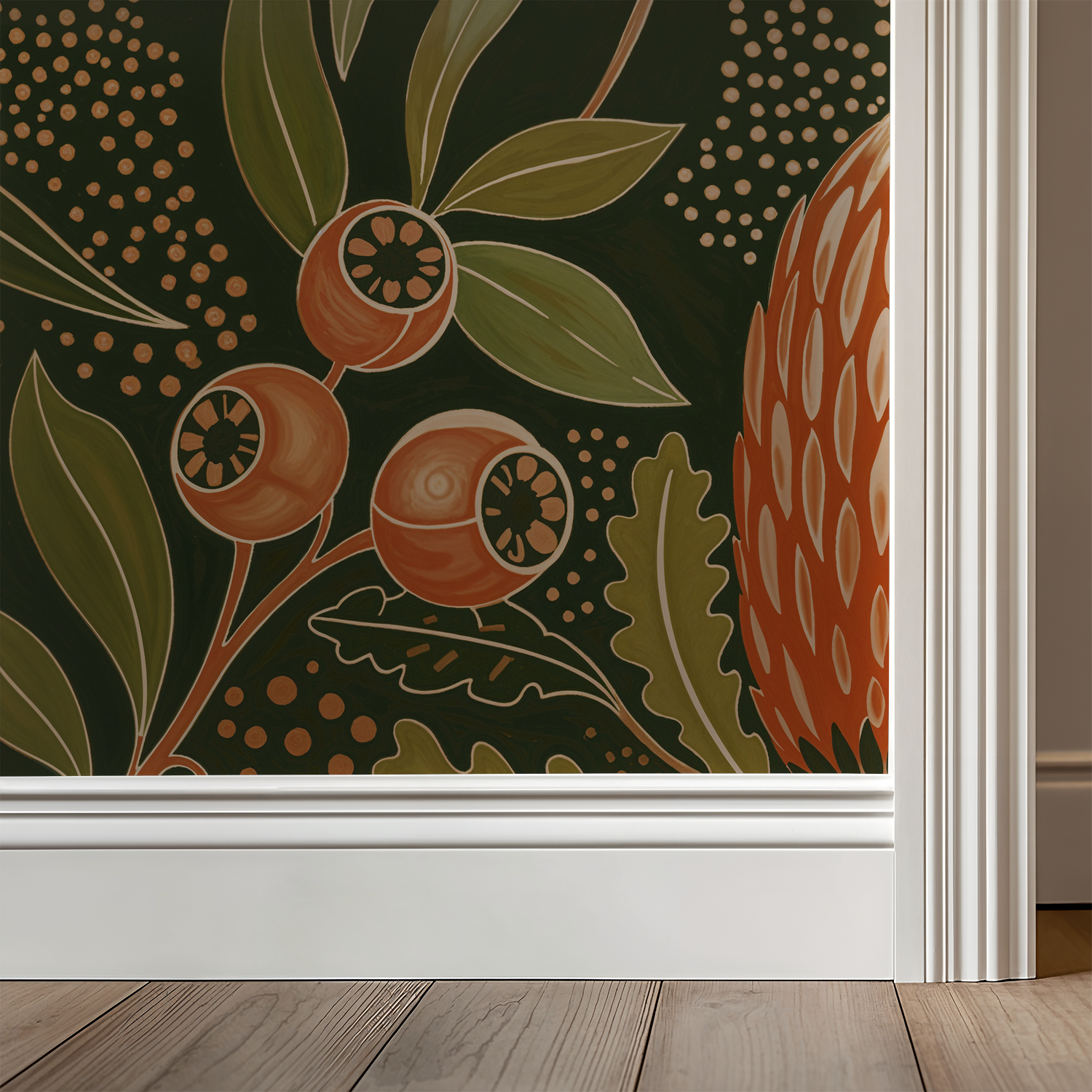 Banksia Down Under wallpaper with eucalyptus leaves and earthy banksia flowers in a room corner.