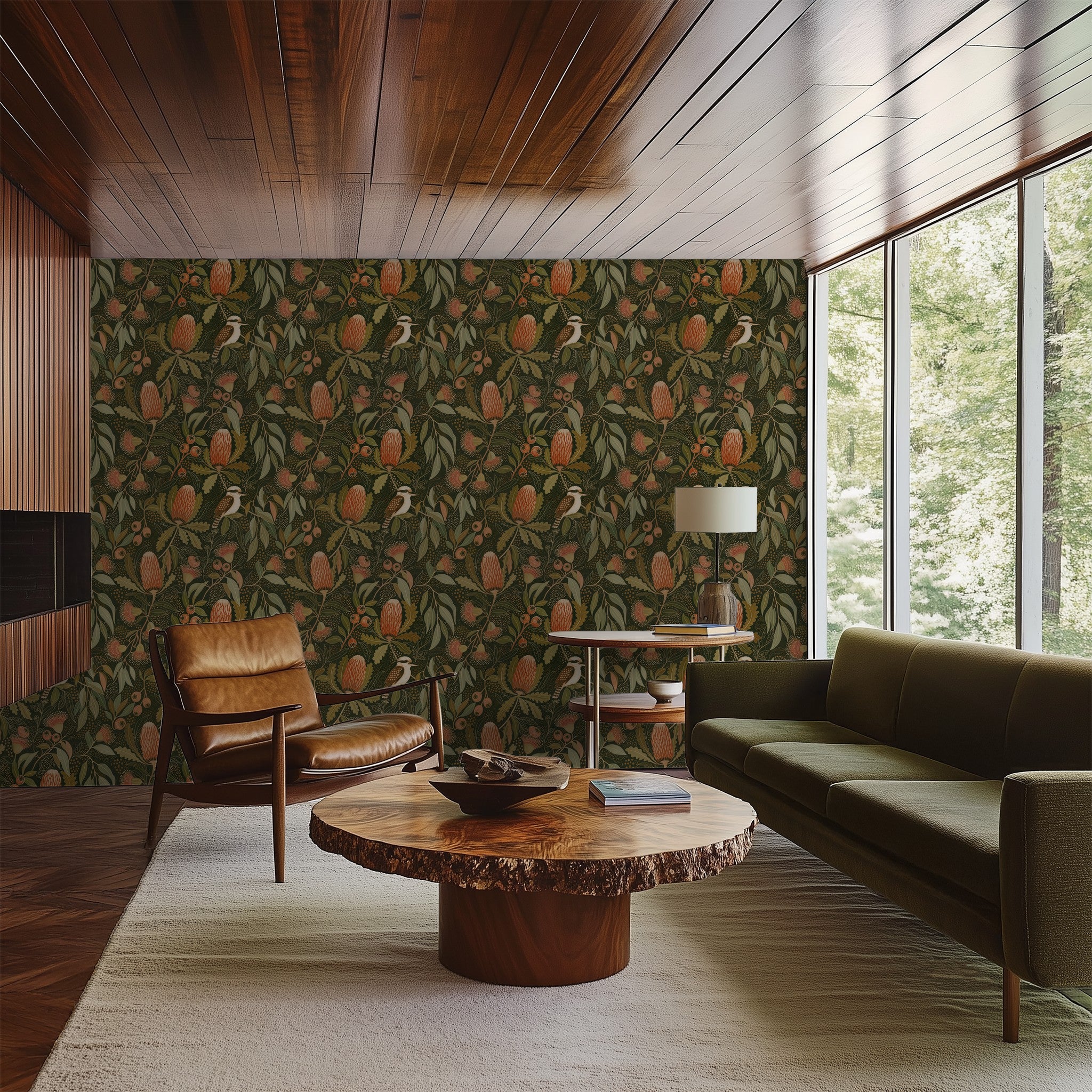 Banksia Down Under wallpaper with eucalyptus leaves and banksia flowers in a cozy living room setting.
