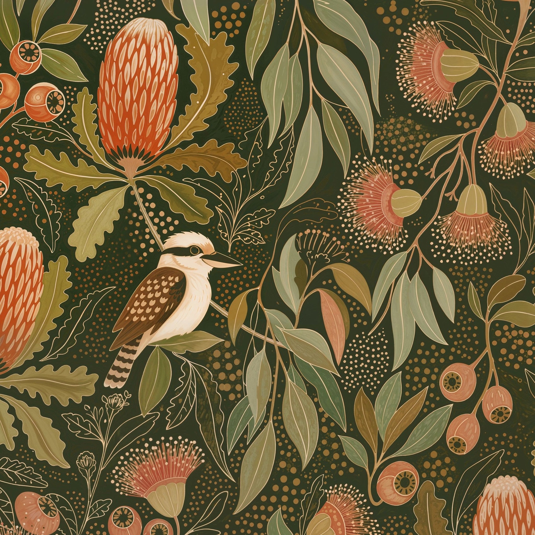 Banksia Down Under wallpaper with kookaburra, eucalyptus leaves, and banksia flowers in earthy tones.