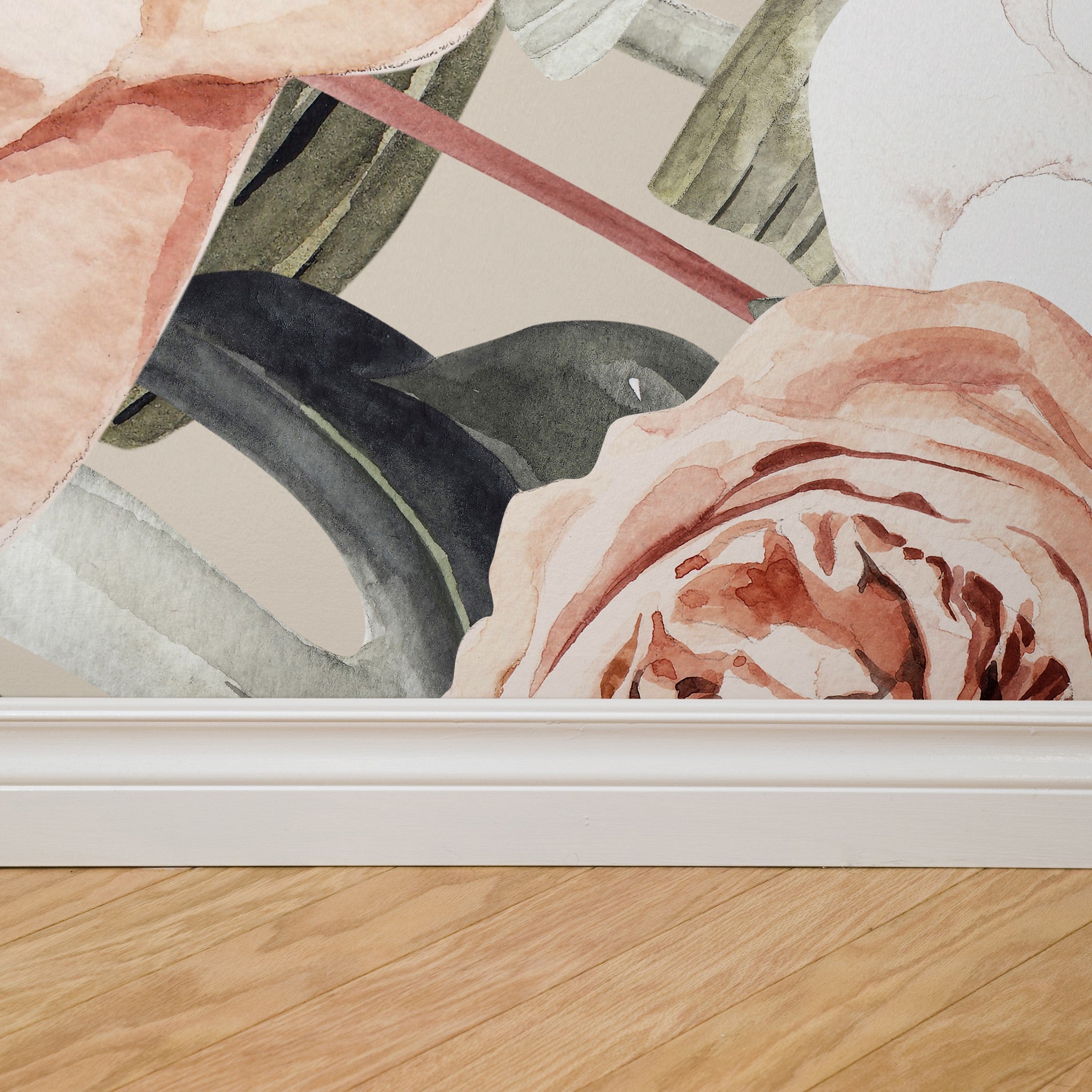 "Wall Blush's Terracotta Blooms Wallpaper featured in a stylish room, focusing on the elegant floral design."