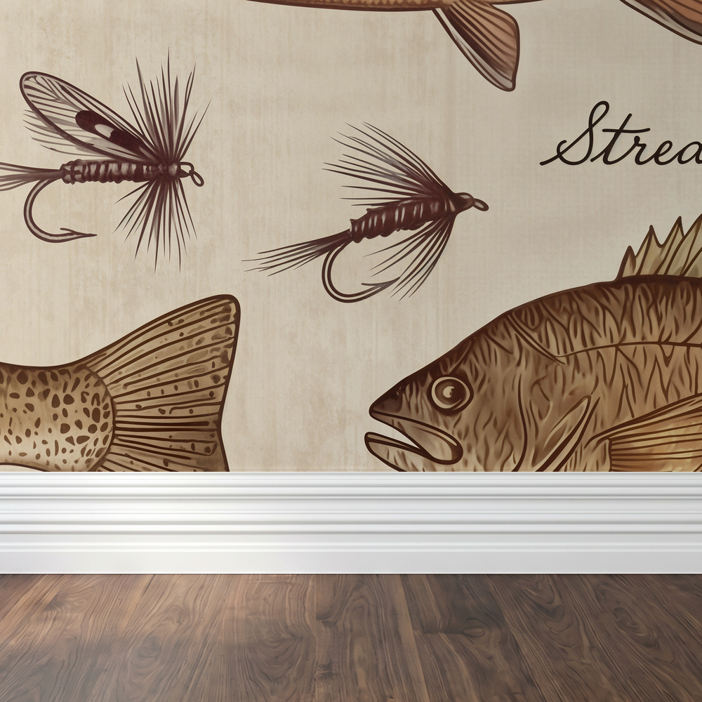 Beige wallpaper with fish and lure illustrations in a rustic setting.
