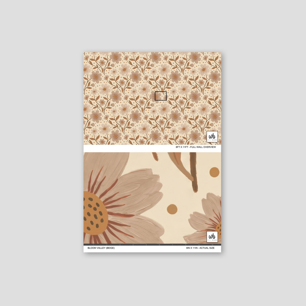 Beige floral wallpaper with brown flowers and polka dots, sample and full wall view.