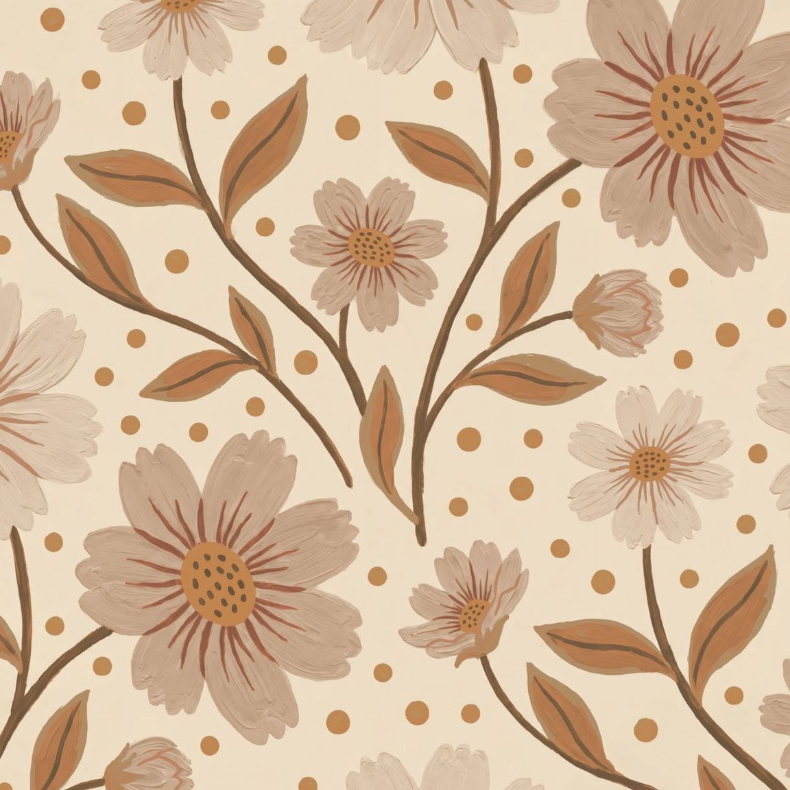 Beige floral wallpaper with brown flowers and polka dots, vintage style.