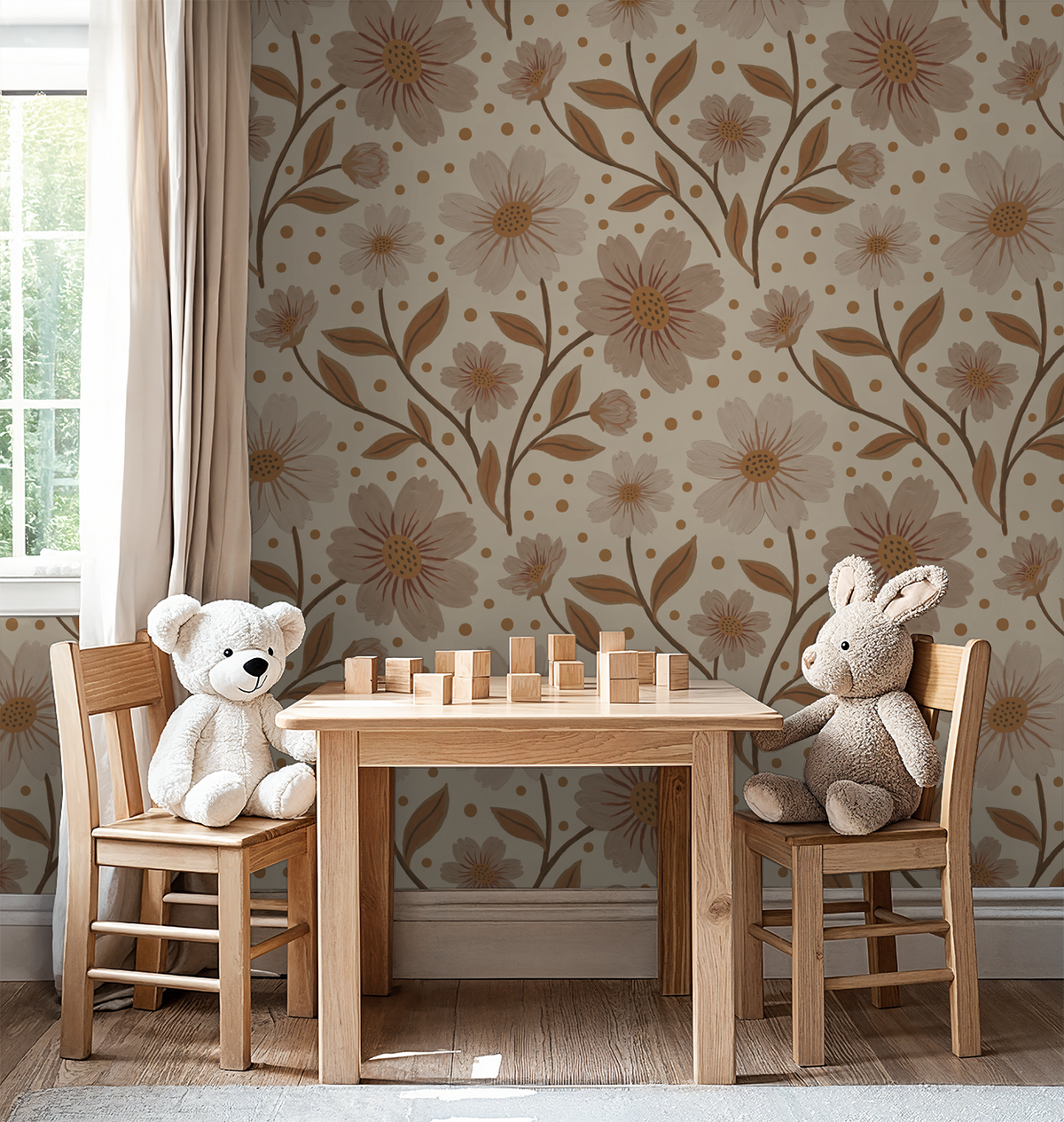 Beige floral wallpaper with daisies and dots in cozy playroom with wooden furniture.