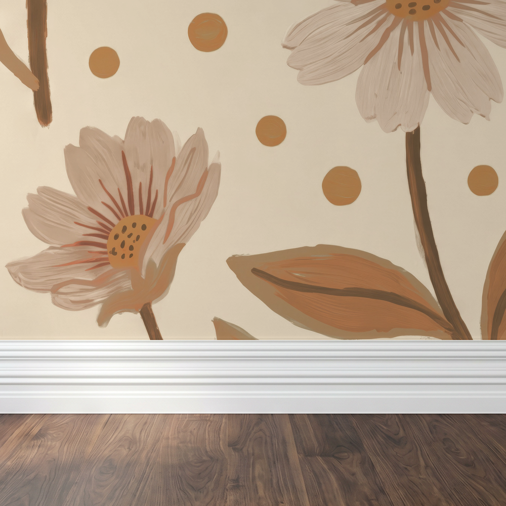 Beige floral wallpaper with large blooms and polka dots in a room setting.