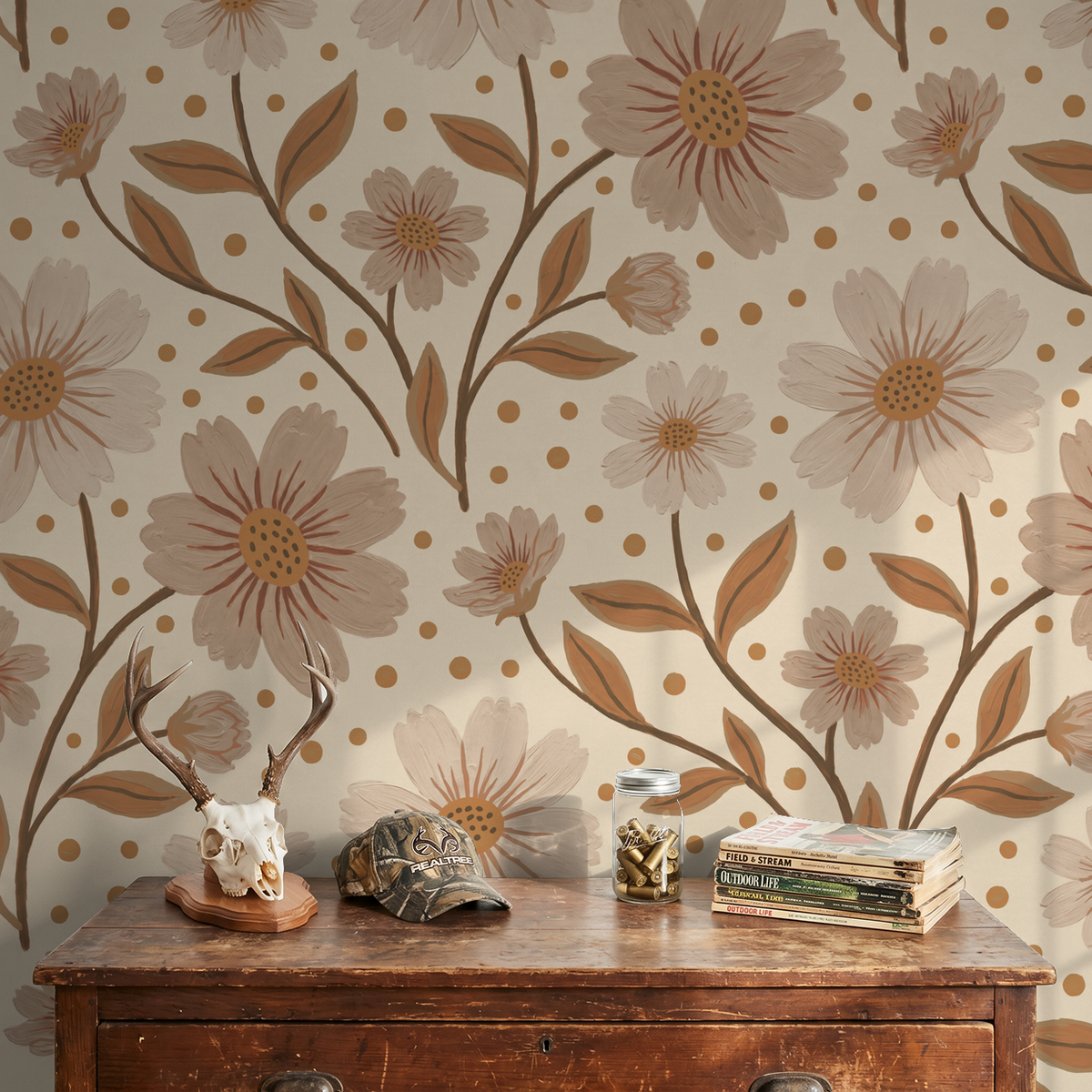 Beige floral wallpaper with polka dots in a rustic room setting.