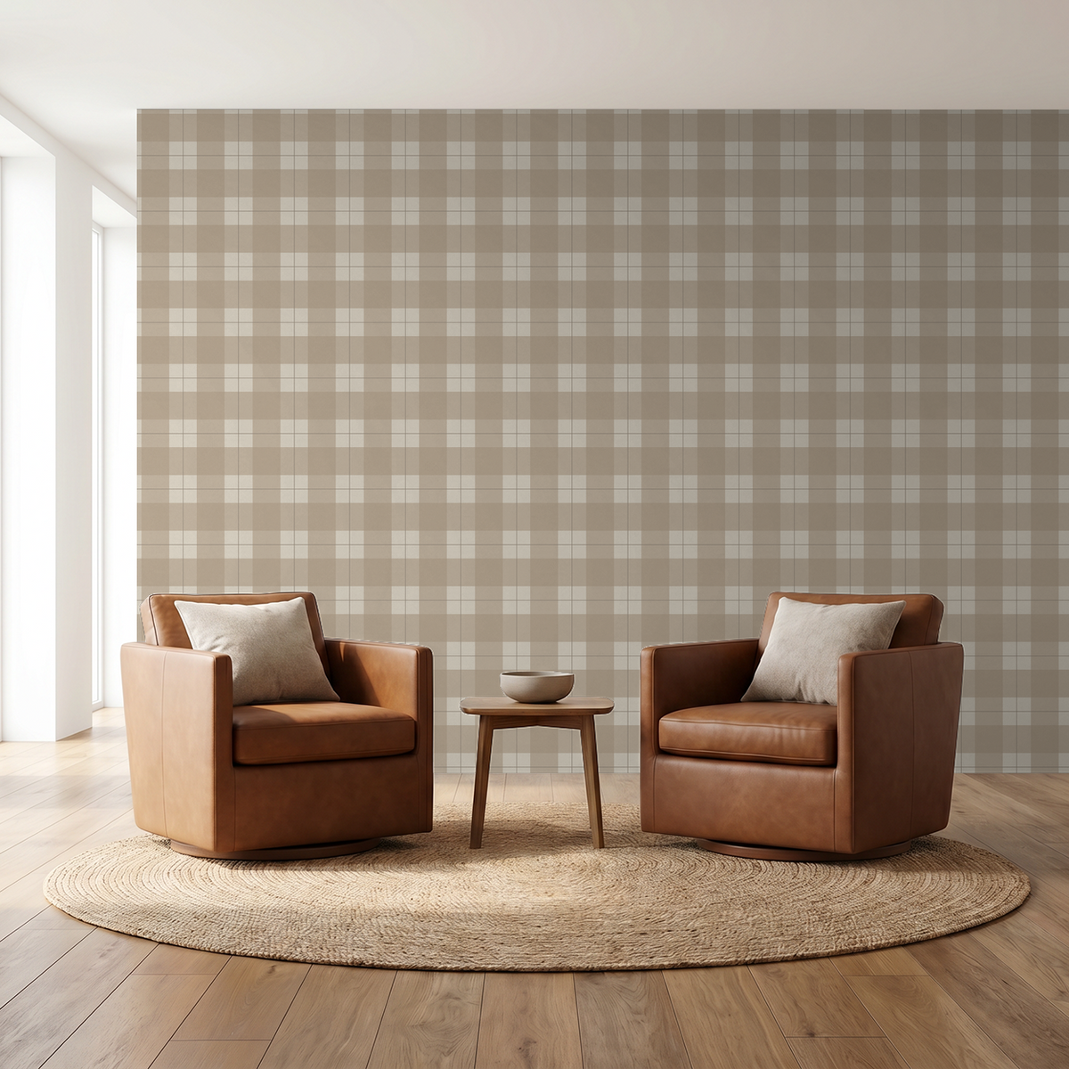 Beige plaid wallpaper in a cozy living room with leather chairs and a round rug.