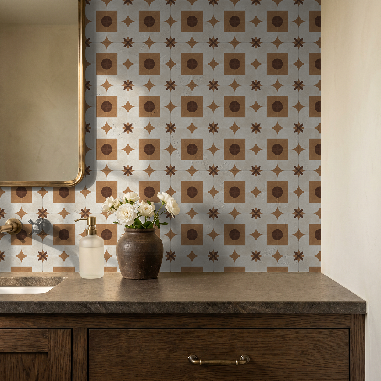 Beigora wallpaper with terracotta and cream geometric pattern in bathroom setting.