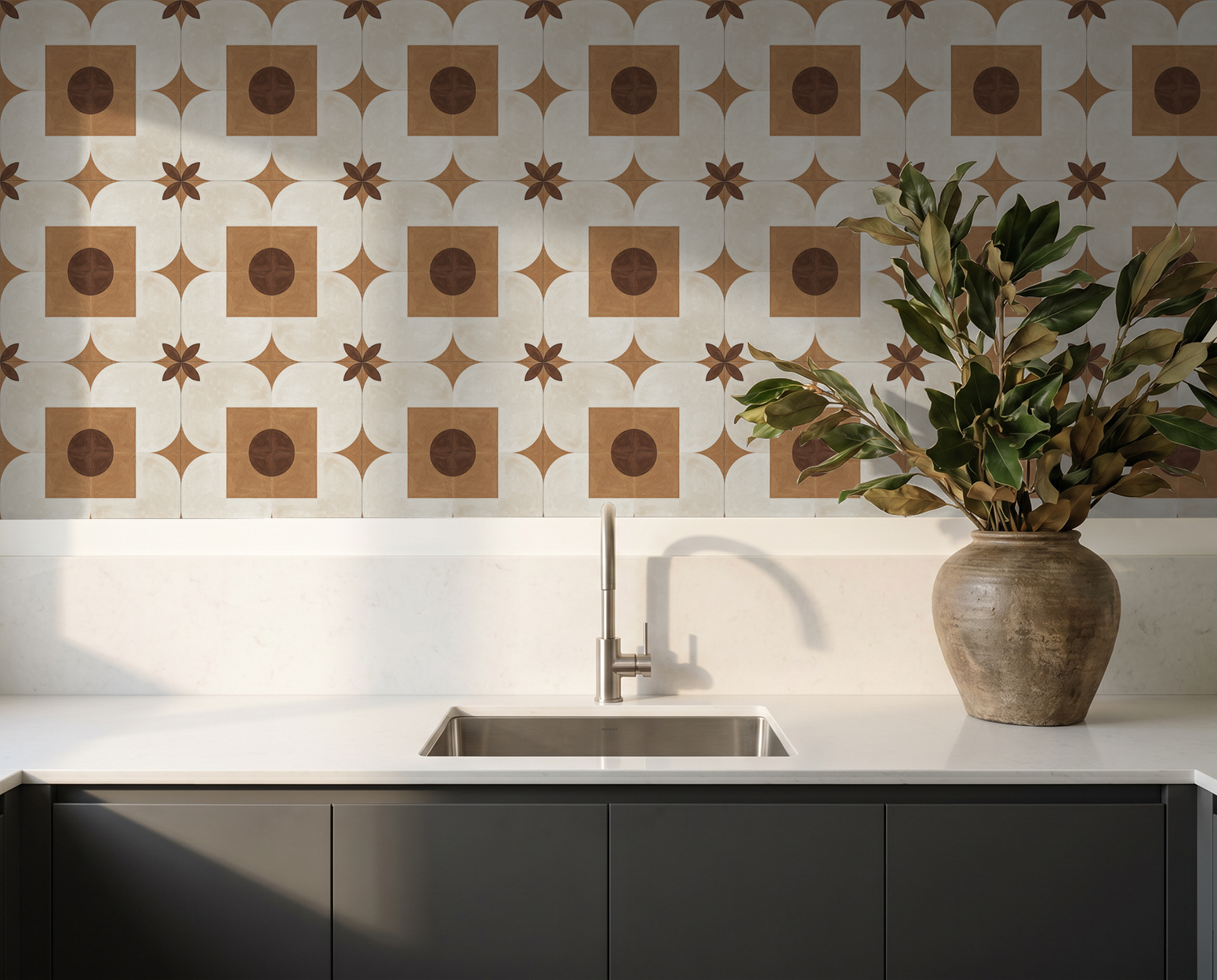 Beigora wallpaper with terracotta and cream geometric pattern in a kitchen setting.
