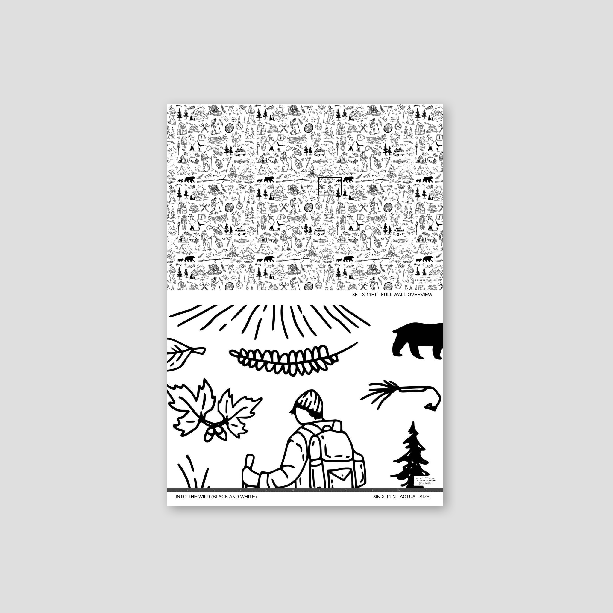 Black and white adventurous nature wallpaper with mountains, forests, and camping scenes.