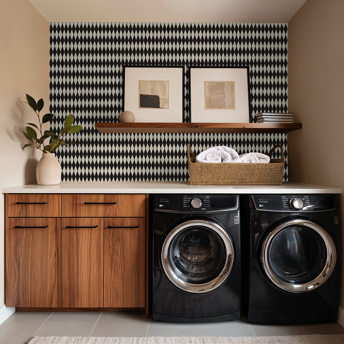 Black and white diamond pattern wallpaper in modern laundry room with wood cabinets.