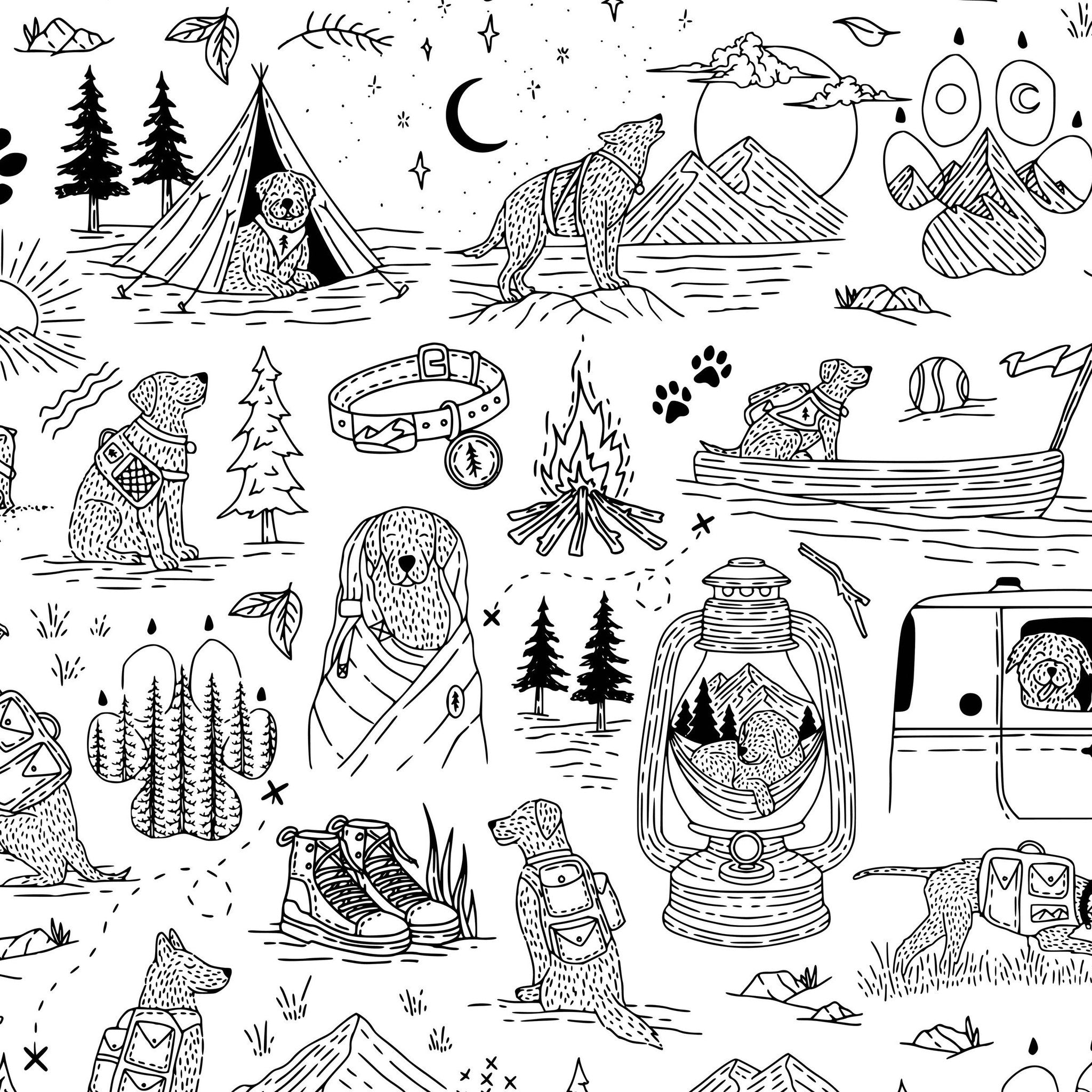 Whimsical black and white wallpaper with dogs camping and exploring nature.