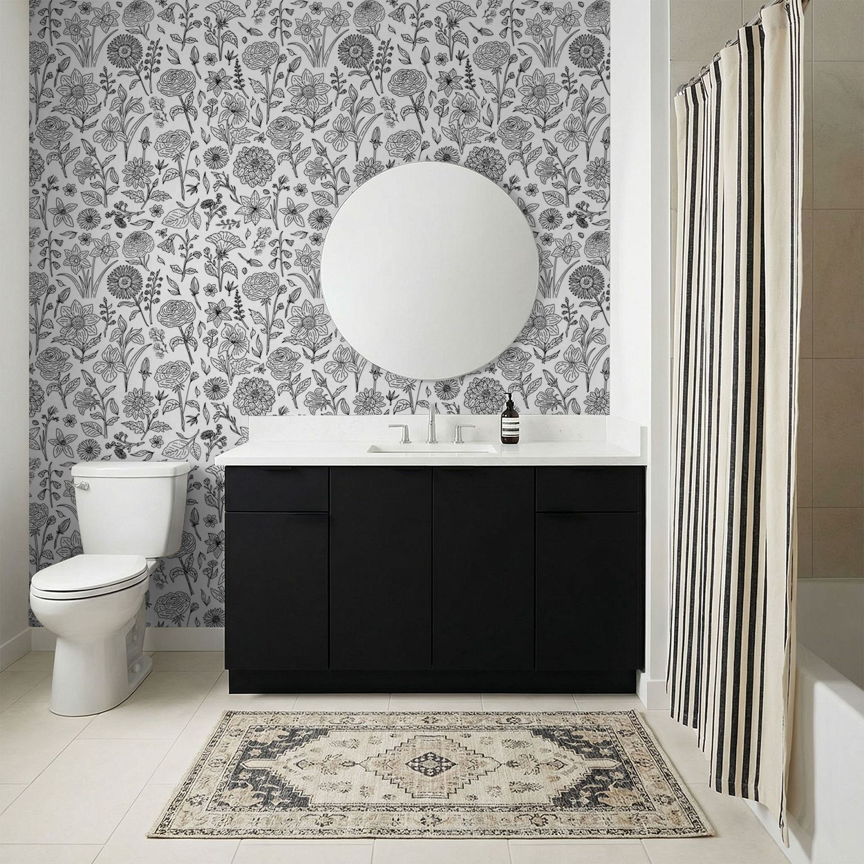 Black and white floral wallpaper in modern bathroom with round mirror
