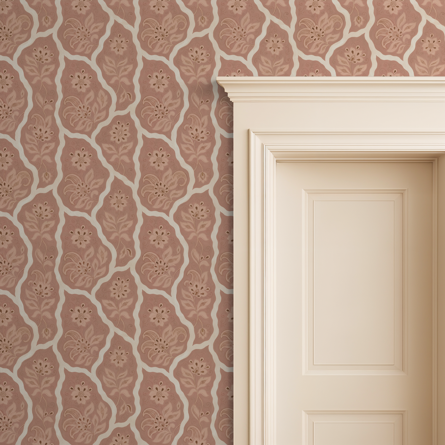 Bloomington blush floral wallpaper with cream accents next to a cream door frame.