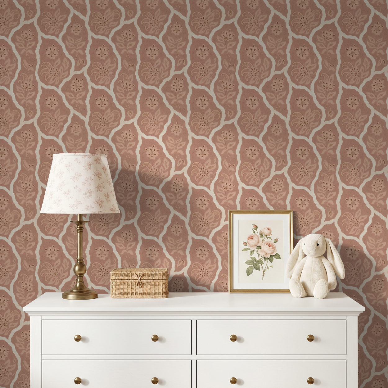 Bloomington blush floral wallpaper in elegant room with white dresser and decor.