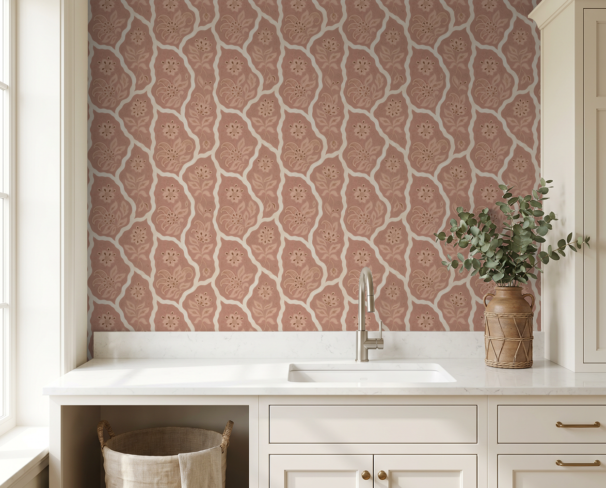 Bloomington blush floral wallpaper in elegant kitchen setting with white cabinets.