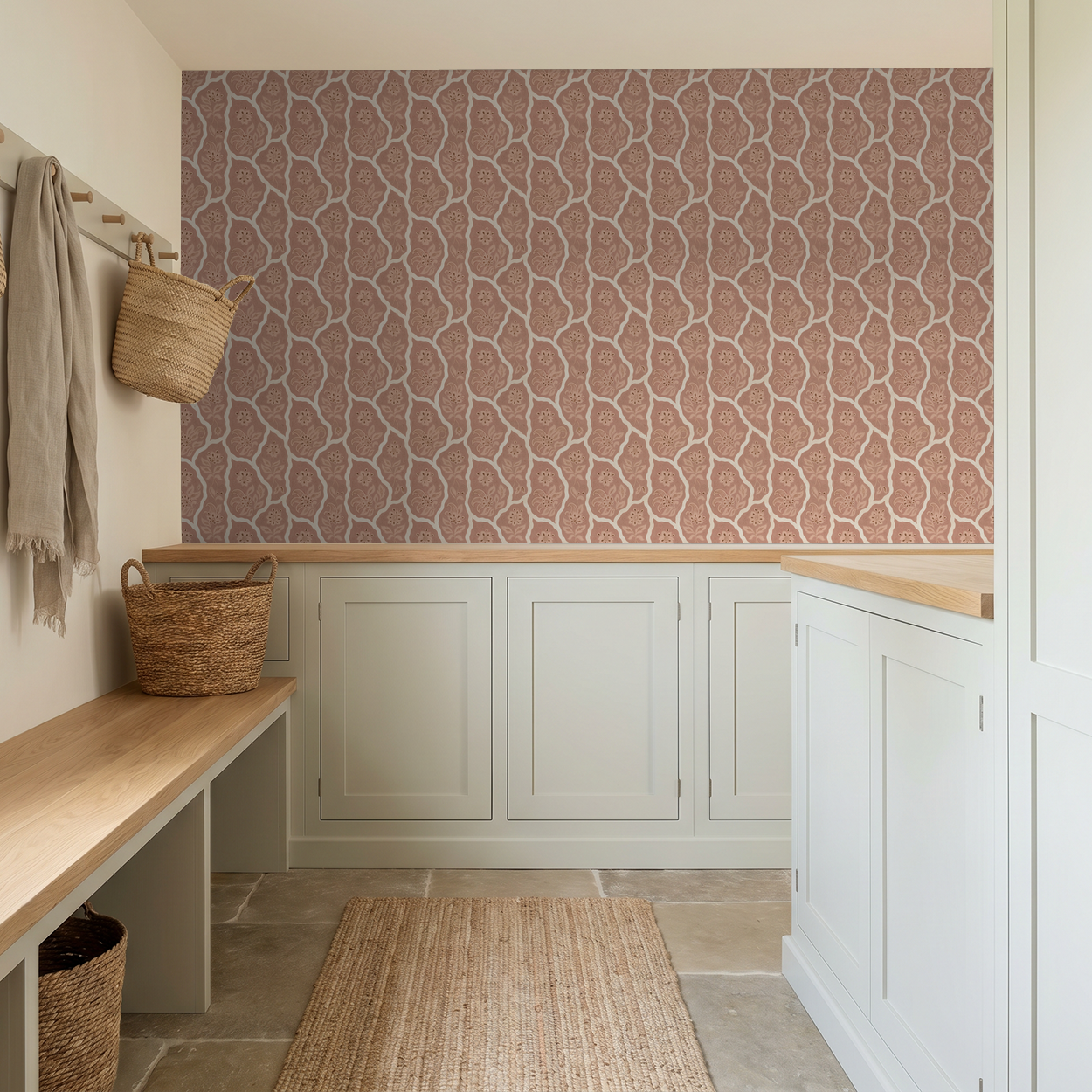 Bloomington wallpaper with intricate floral pattern in blush tones in a cozy room setting