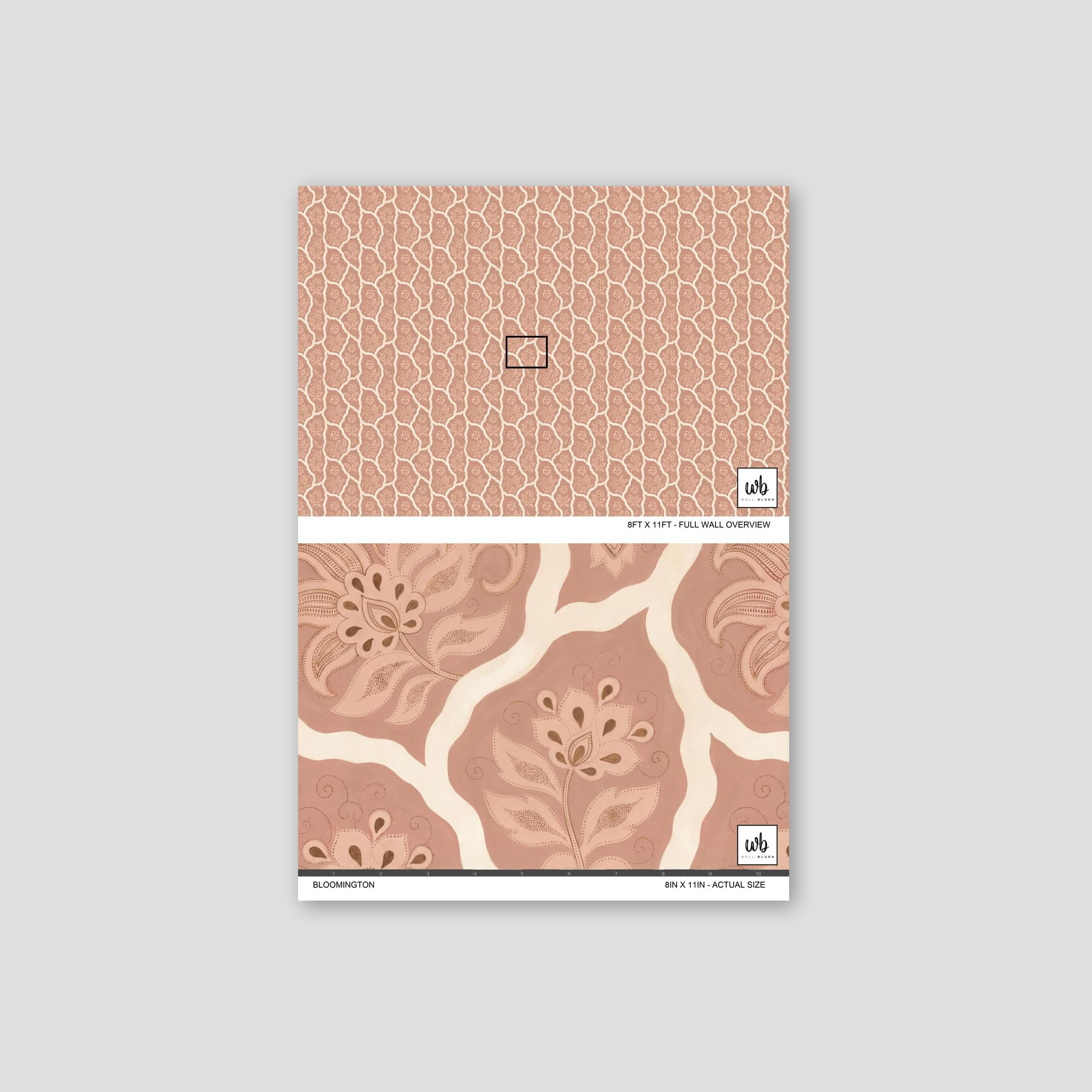 Bloomington floral wallpaper with blush tones and cream accents, intricate floral motifs.