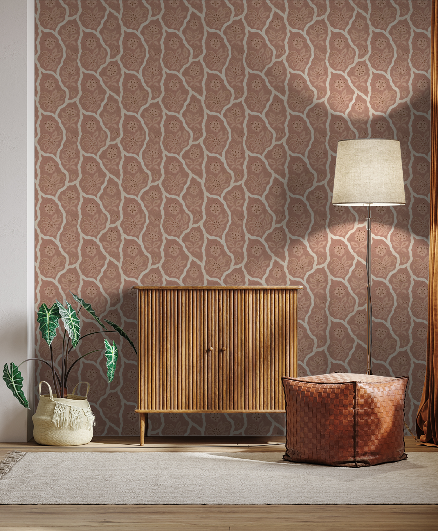 Bloomington floral wallpaper with blush tones in a cozy living room setting.