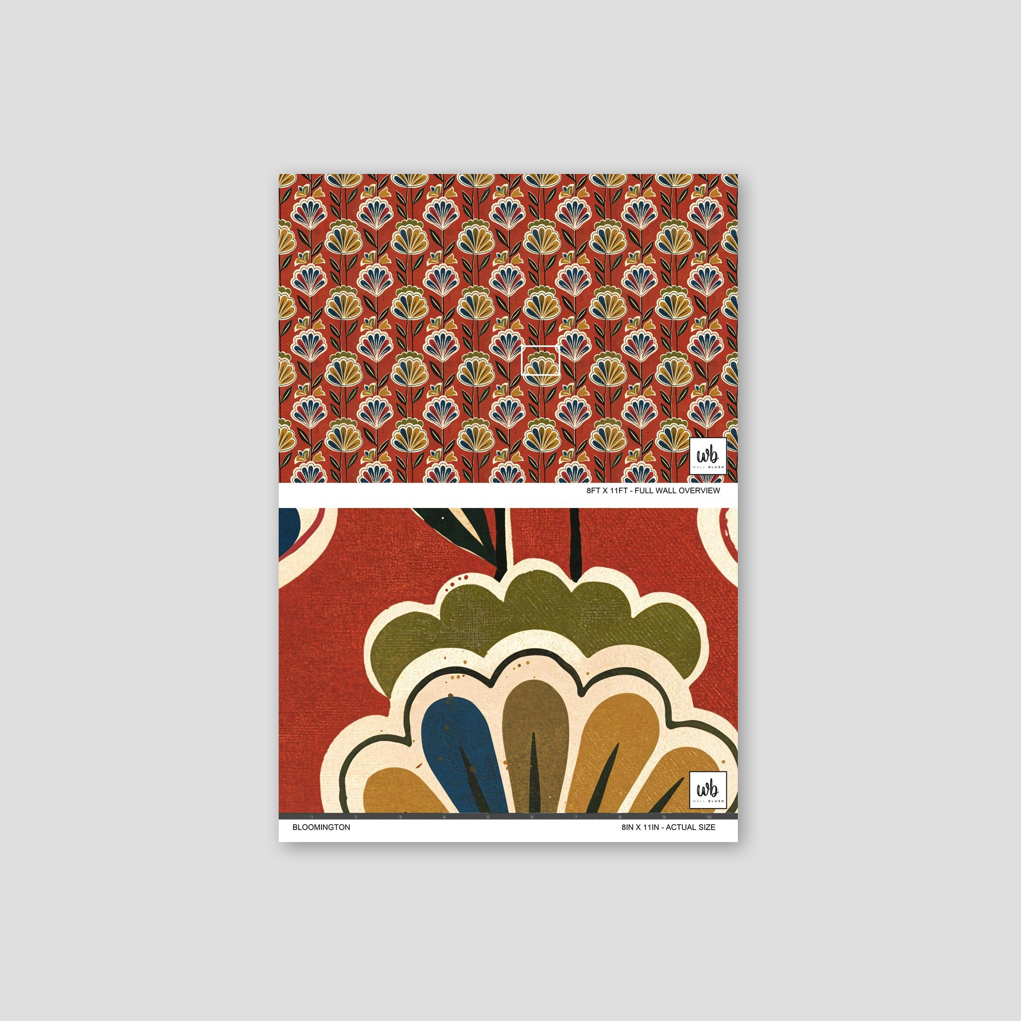 Bloomington floral wallpaper with terracotta background and vibrant motifs.