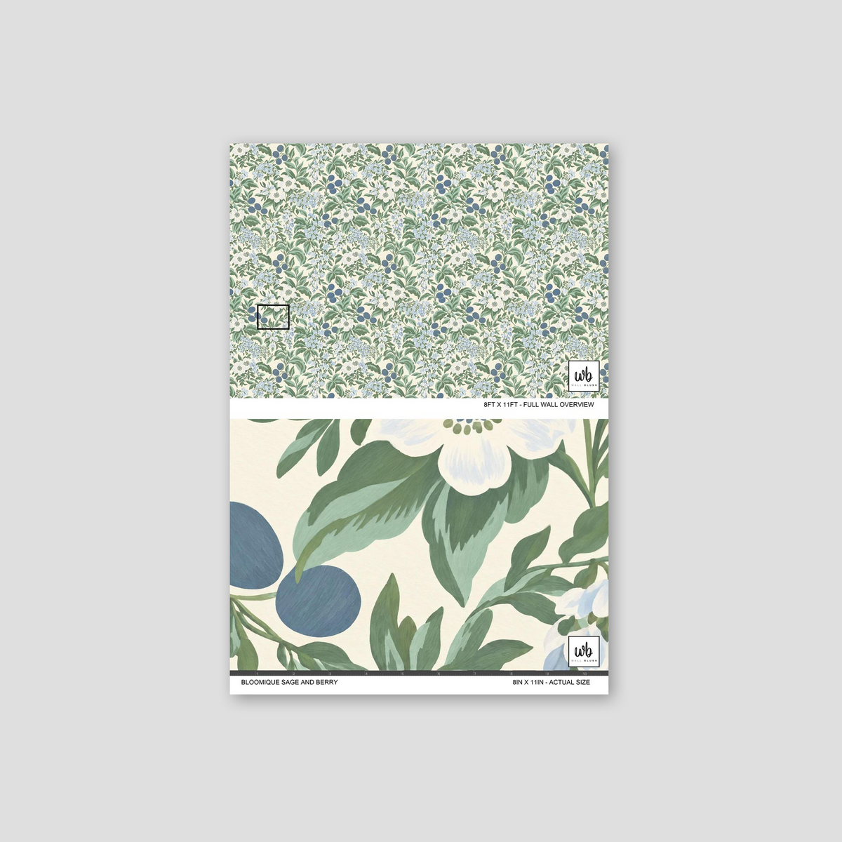 Bloomique Sage and Berry wallpaper with green foliage and blue floral pattern.